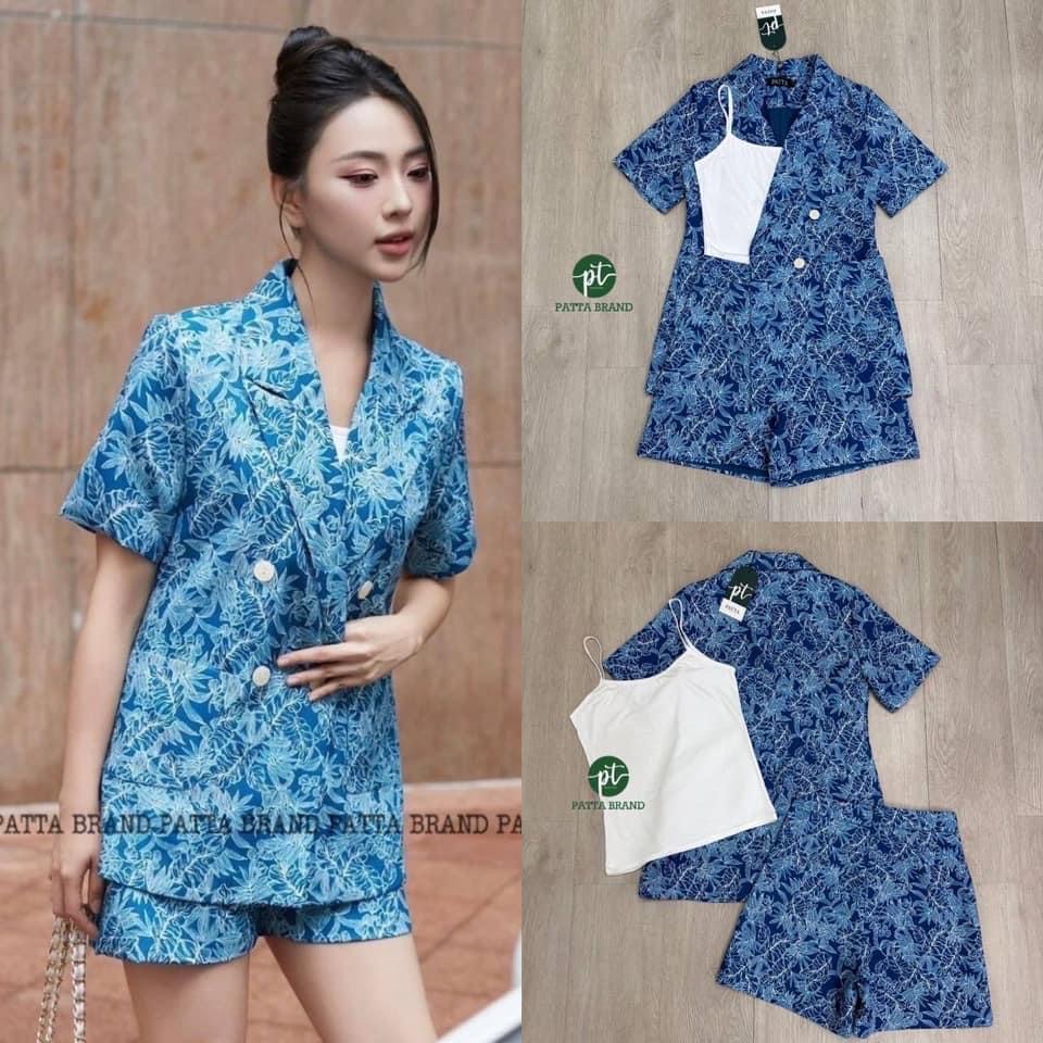Set 3 ชิ้น พิมพ์ลายใบไม้ เสื้อคลุมเบลเซอร์แขนสั้น ดีไซน์ทรงovesize มีกระดุมหน้า/กระเป๋า2ข้าง ใช้งานได้จริง มาคู่กับกางเกงขาสั้นงานซิปหลัง ใส่สบาย : สินค้าคุณภาพ (พร้อมส่ง)