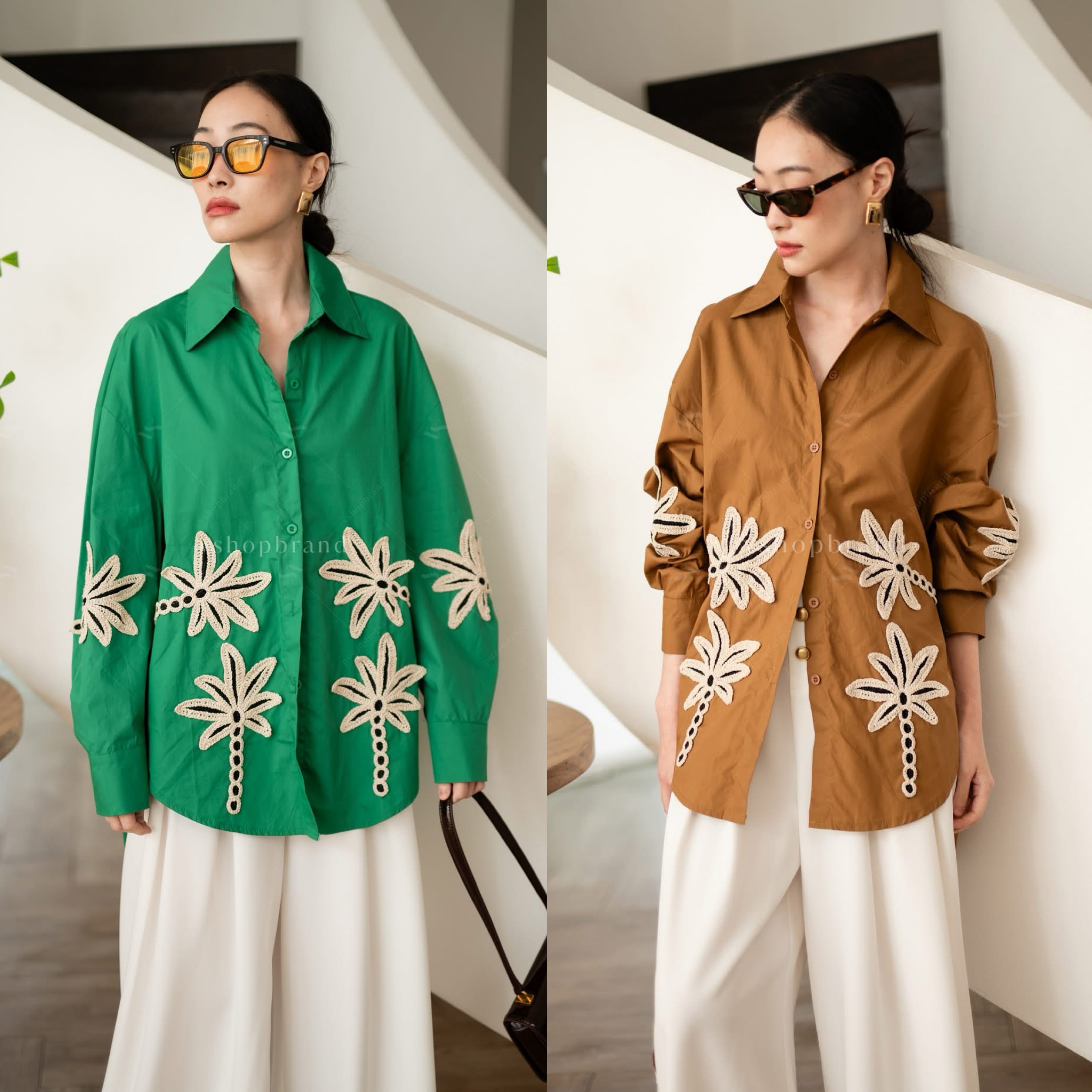 เชิ้ตแขนยาวผ้าพื้นปักต้นมะพร้าว ใส่สบาย : สินค้าคุณภาพ (พร้อมส่ง)