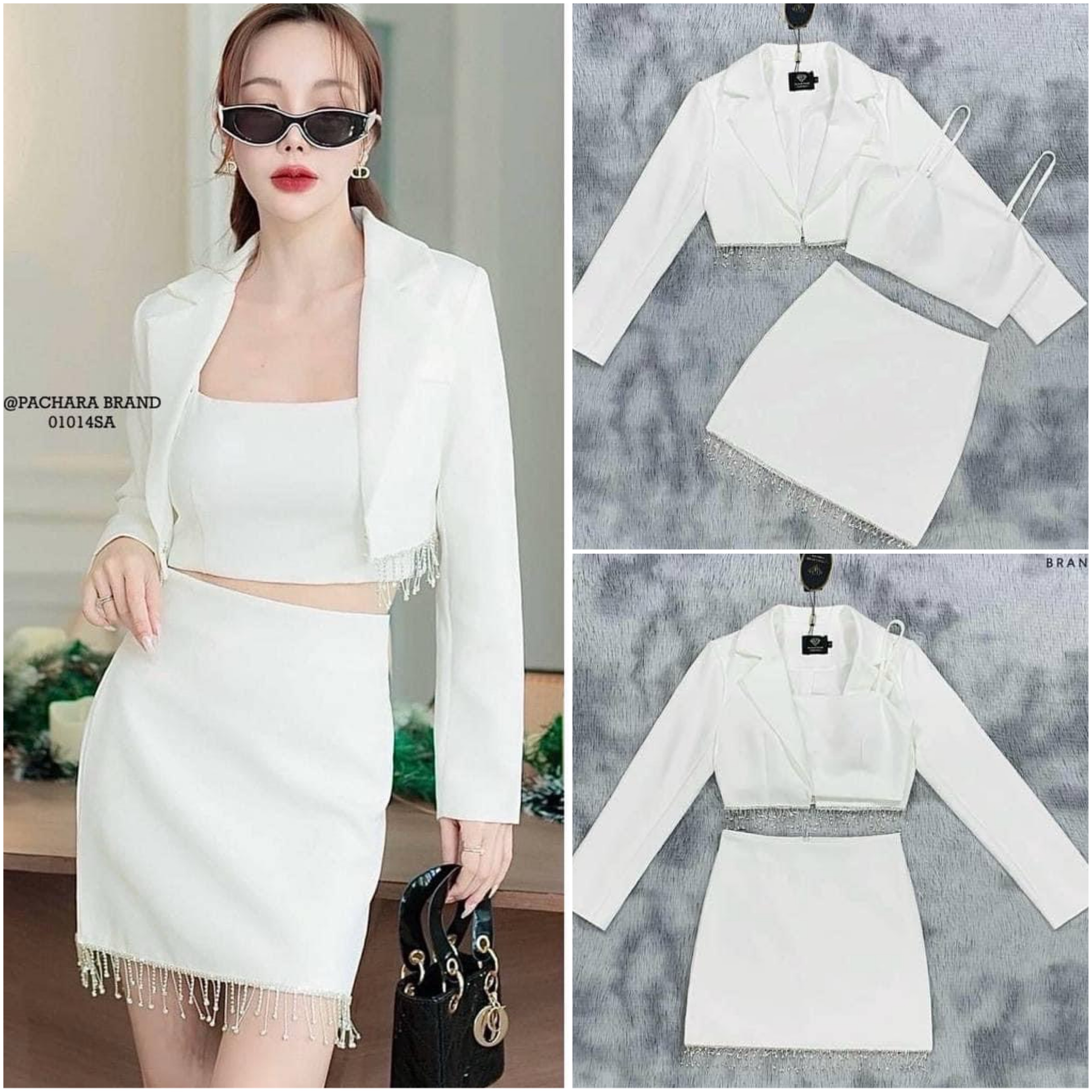 เซ็ต 3 ชิ้น เสื้อสูทแขนยาวสีขาว มาพร้อมเสื้อครอปสายเดี่ยว มีฟองน้ำดันทรงสวย แมทช์คู่กับกระโปรงเอวสูงทรงเข้ารูป ชายเสื้อและกระโปรงแต่งห้อยเพชรสวยมาก สินค้าคุณภาพ (พร้อมส่ง) .