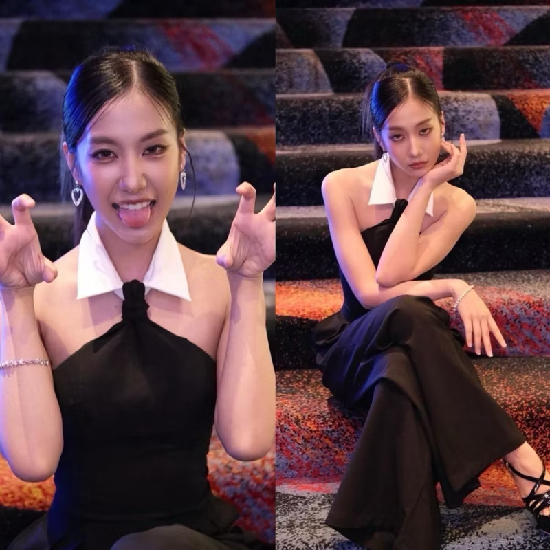 จั๊มสูทขายาวกึ่งเกาะอก แต่งคอปกคล้องคอตรงกลางแต่งเหมือนเนกไทน์ในตัวสุดเก๋ ใส่สบาย : สินค้าคุณภาพ (พร้อมส่ง)