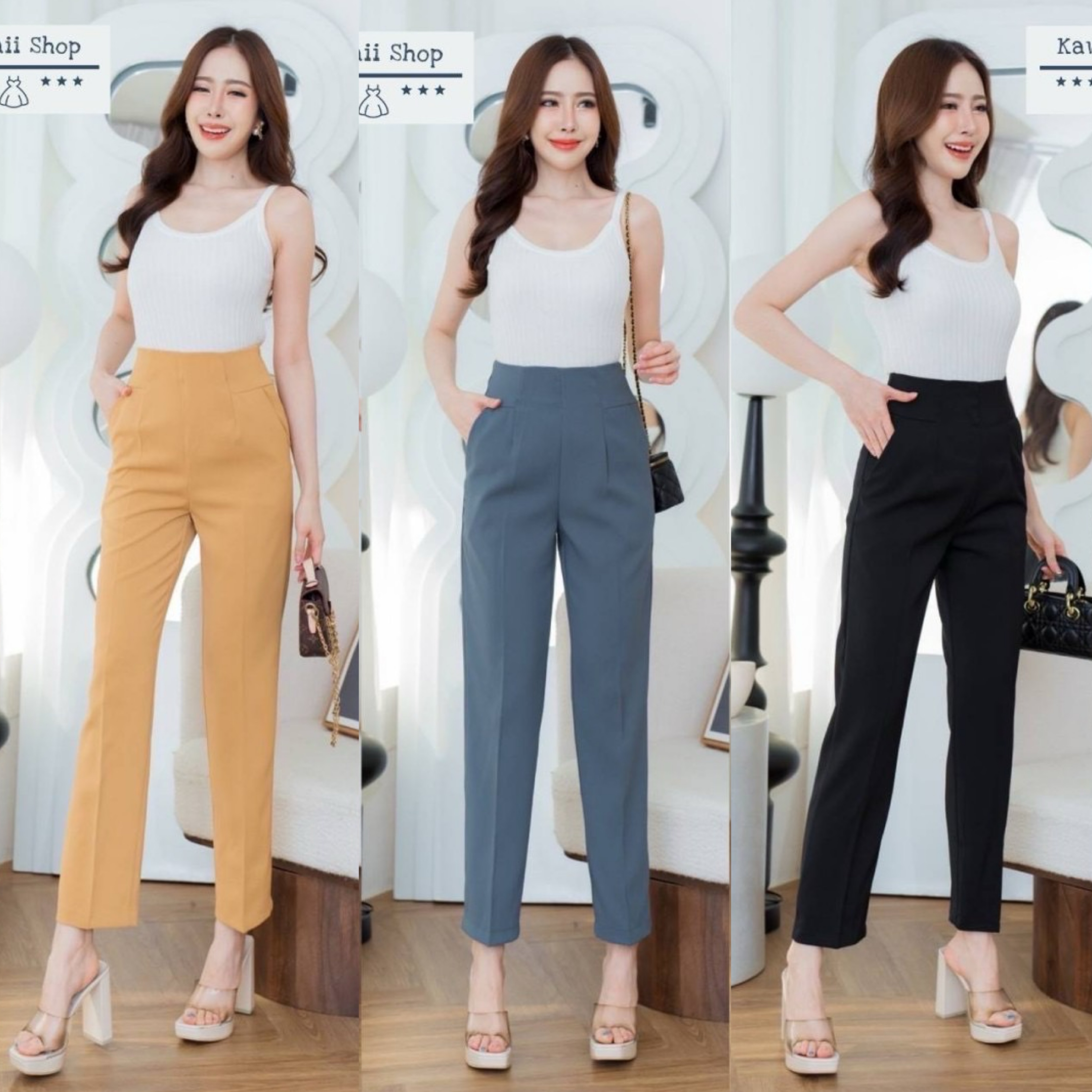 กางเกง9ส่วน กระเป๋าข้าง ติดตะขอ ซิปข้าง เนื้อผ้าลิลลี่ ใส่สบาย : สินค้าคุณภาพ (พร้อมส่ง)