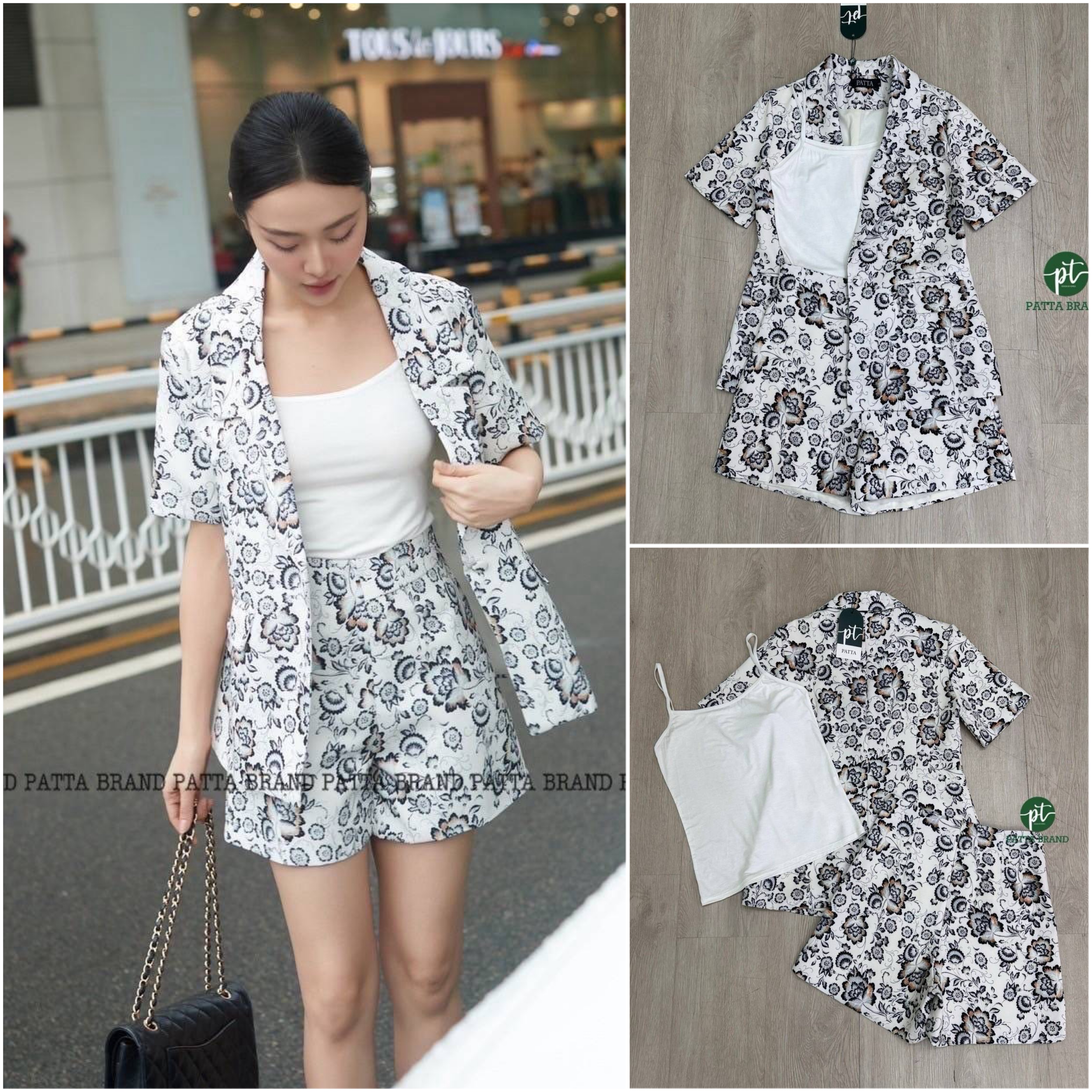 Set 3 ชิ้น พิมพ์ลายดอกไม้ทั้งชุด เสื้อคลุมเบลเซอร์แขนสั้น ดีไซน์ทรงovesize มีกระดุมหน้า/กระเป๋า2ข้าง ใช้งานได้จริง +เสื้อตัวในสายเดี่ยวผ้ายืด +กางเกงขาสั้น ใส่สบาย : สินค้าคุณภาพ (พร้อมส่ง)