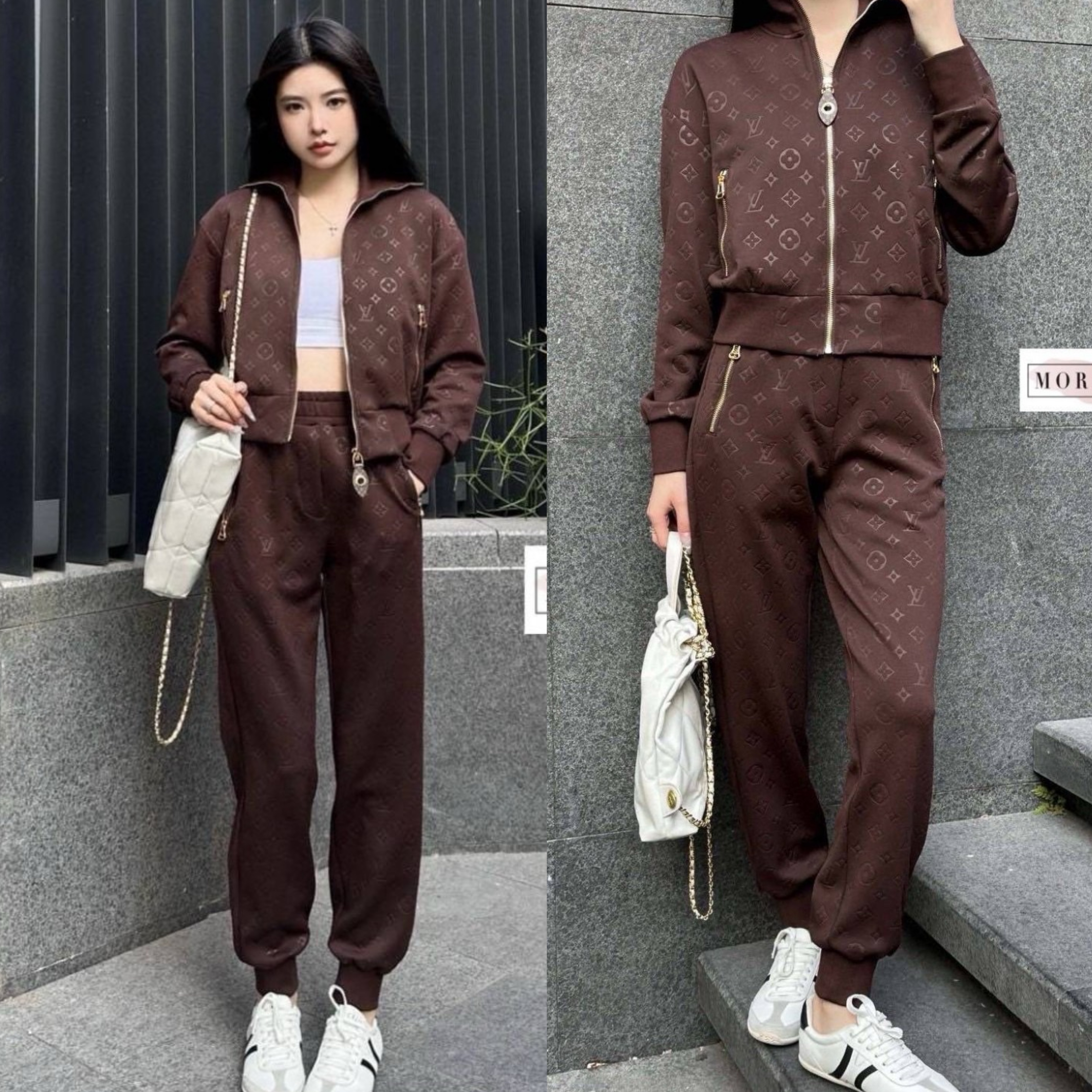 Set เสื้อคลุมแขนยาวทอลายโลโก้แบรนด์ทั้งตัว + กางเกงขายาว LV ลุคสวยเรียบหรู hiso รุ่นนี้ งานสวยมากค่ะใส่เป็นเซ็ตหรือใส่แยกก็ได้ค่ะ ใส่สบาย : สินค้าคุณภาพ (พร้อมส่ง)