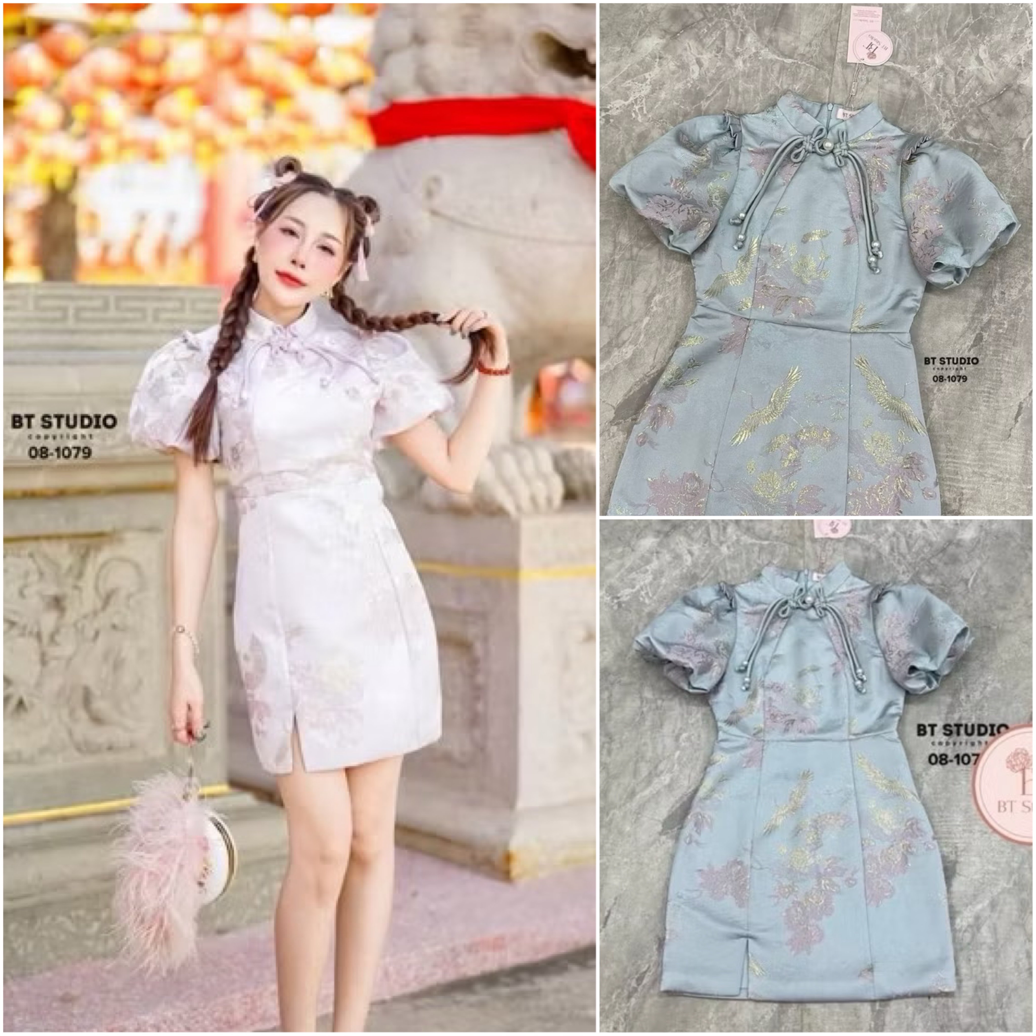 เดรสสั้นกี่เพ้าคอจีนแต่ง กระดุมจีนสายแยกออก แต่งปลาย ชายมุก แขนแต่งพอง ๆ ปลายชาย ผ่าข้างนึง งานสวยเนื้อผ้าดี ผ้าทอ ลายสวยมาก มีซับในคะ ใส่สบาย : สินค้าคุณภาพ (พร้อมส่ง)