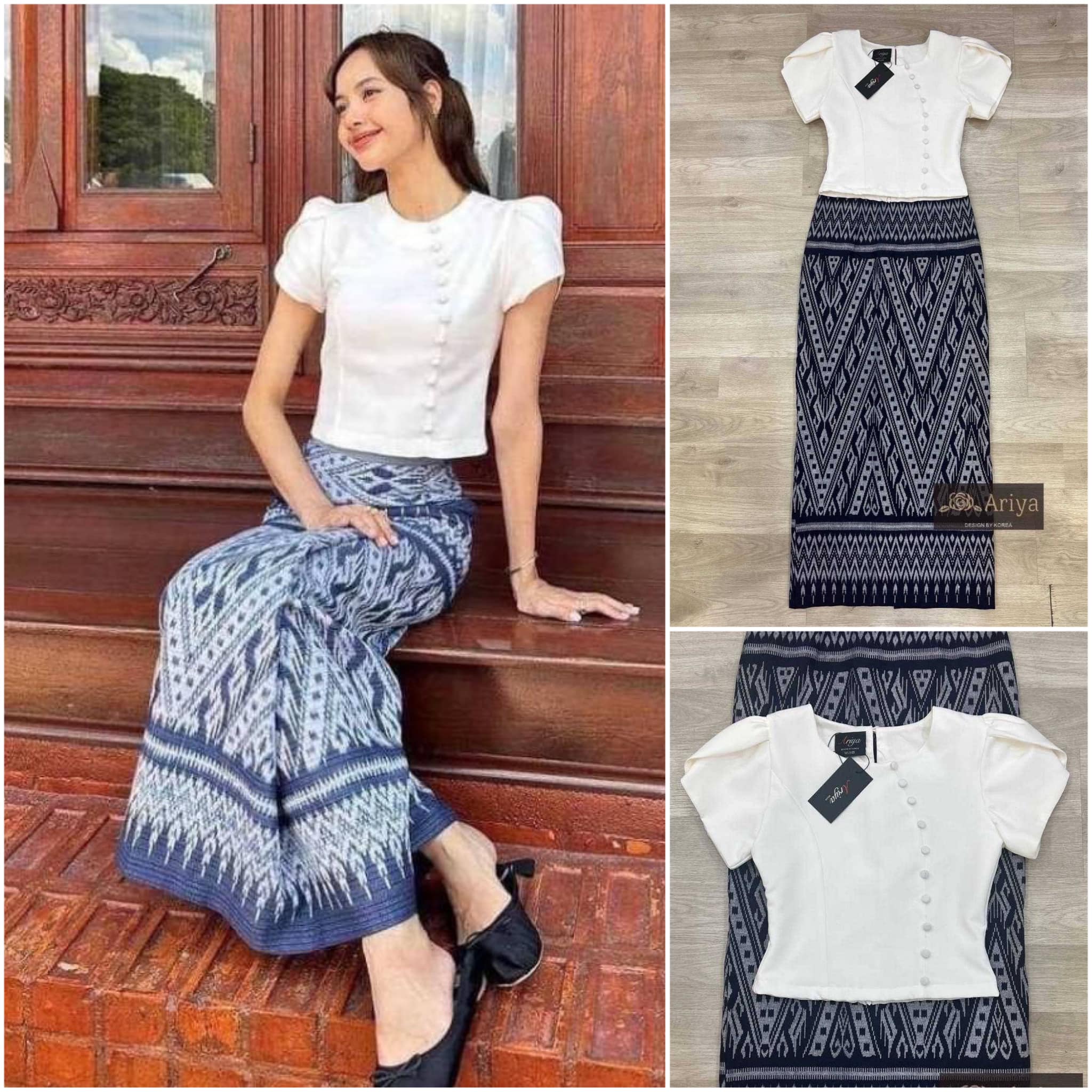 เซตผ้าไทย #ลิซ่า เซตผ้าไทยลิซ่า s m l xl xxl เสื้อสีขาว มาพร้อมกระดุมหน้า ซิปหลังเสื้อเข้ารูป +ผ้าถุงสีกรม ทรงยาวผ่าหลัง สินค้าคุณภาพ (พร้อมส่ง)