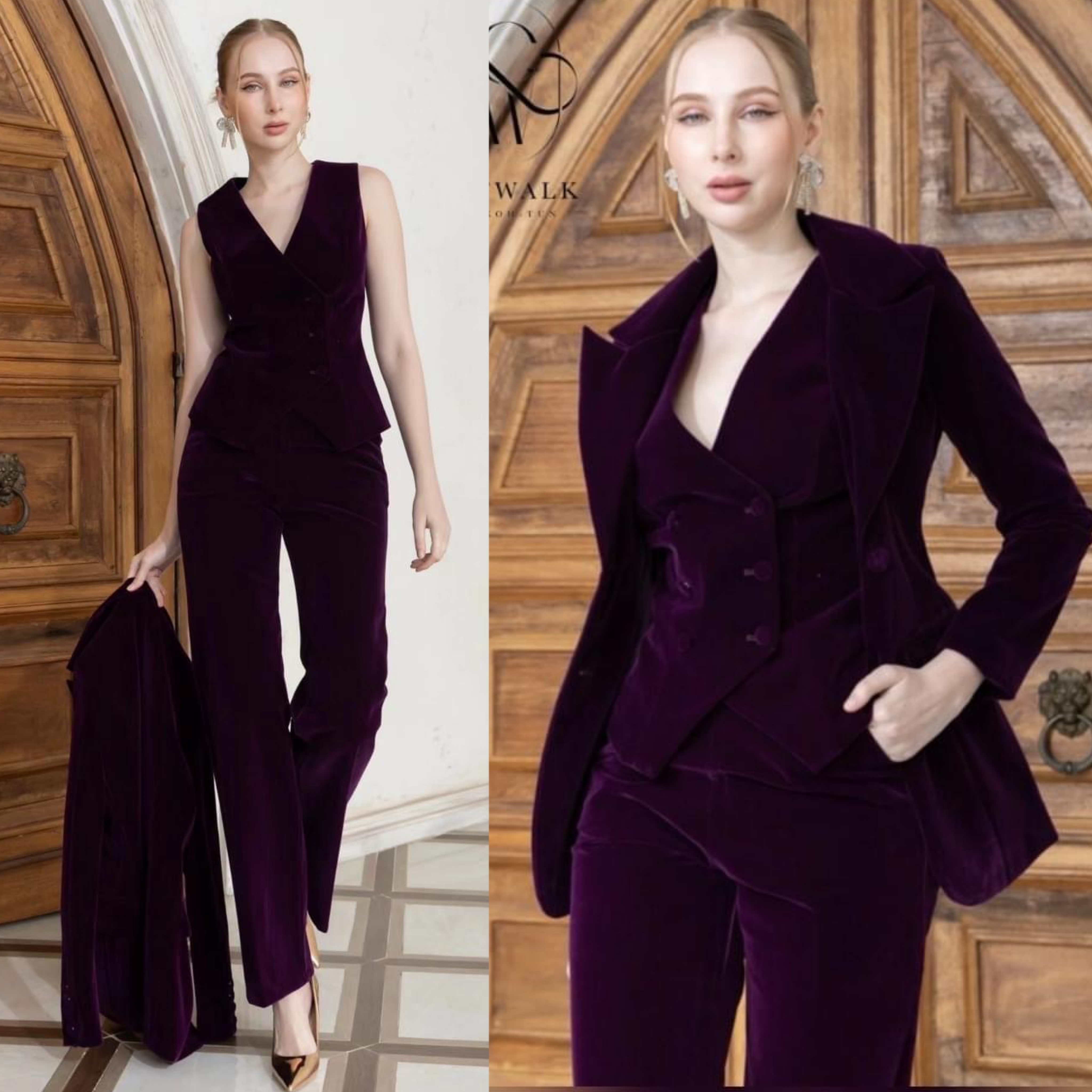 เซตBLAZER 3ชิ้น เสื้อคลุม+เสื้อกั๊ก+กางเกงขายาว งานผ้ากำมะหยี่ เกรดเอ เนื้อผ้าสวยมาก : สินค้าคุณภาพ (พร้อมส่ง)