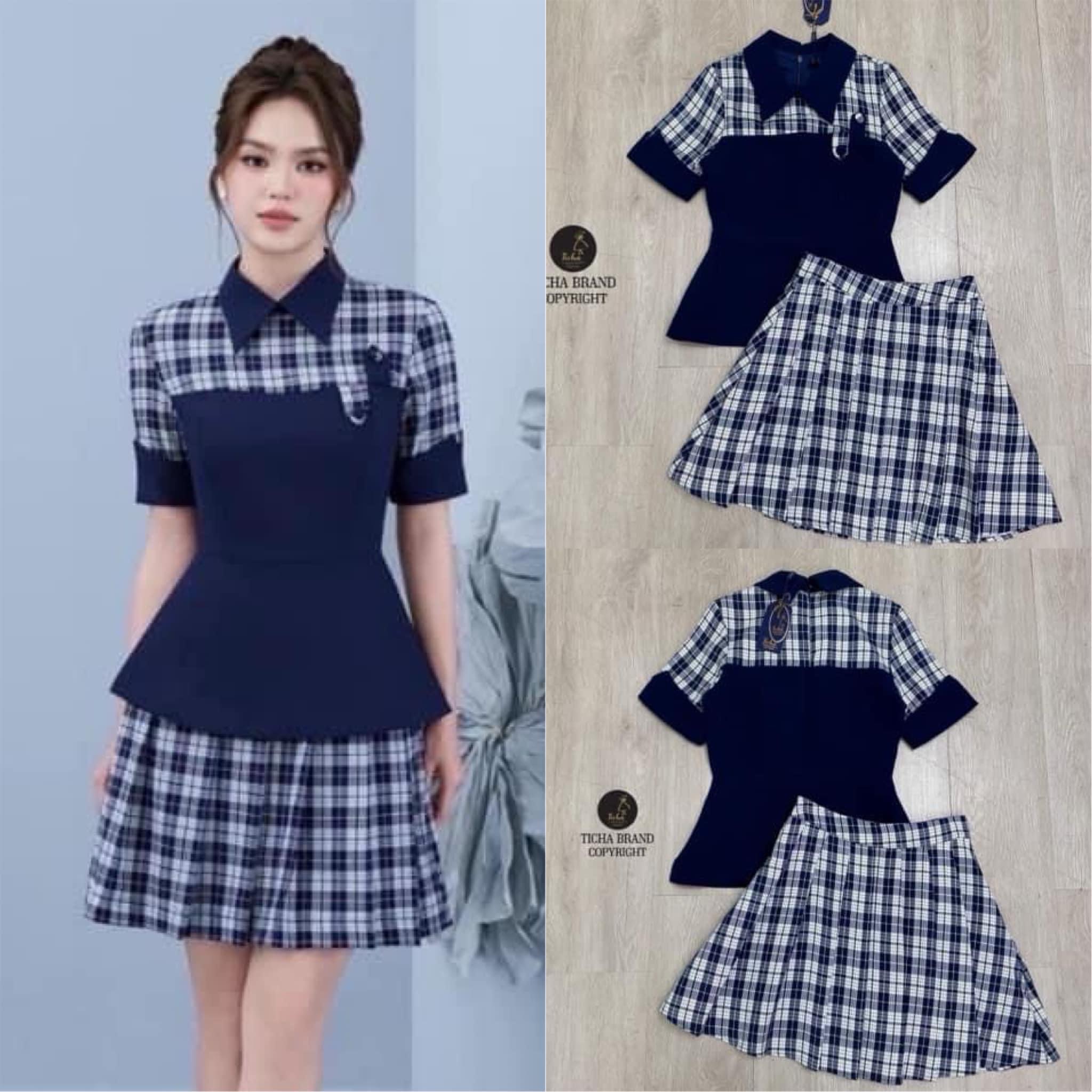 Set 2 ชิ้น ทูโทนสีกรม เสื้อคอปกแขนสั้นสีกรม อกเย็บผ้าลายสก็อตมีซิปหลัง +กระโปรงสั้น เย็บซับในเป็นกางเกง : สินค้าคุณภาพ (พร้อมส่ง)