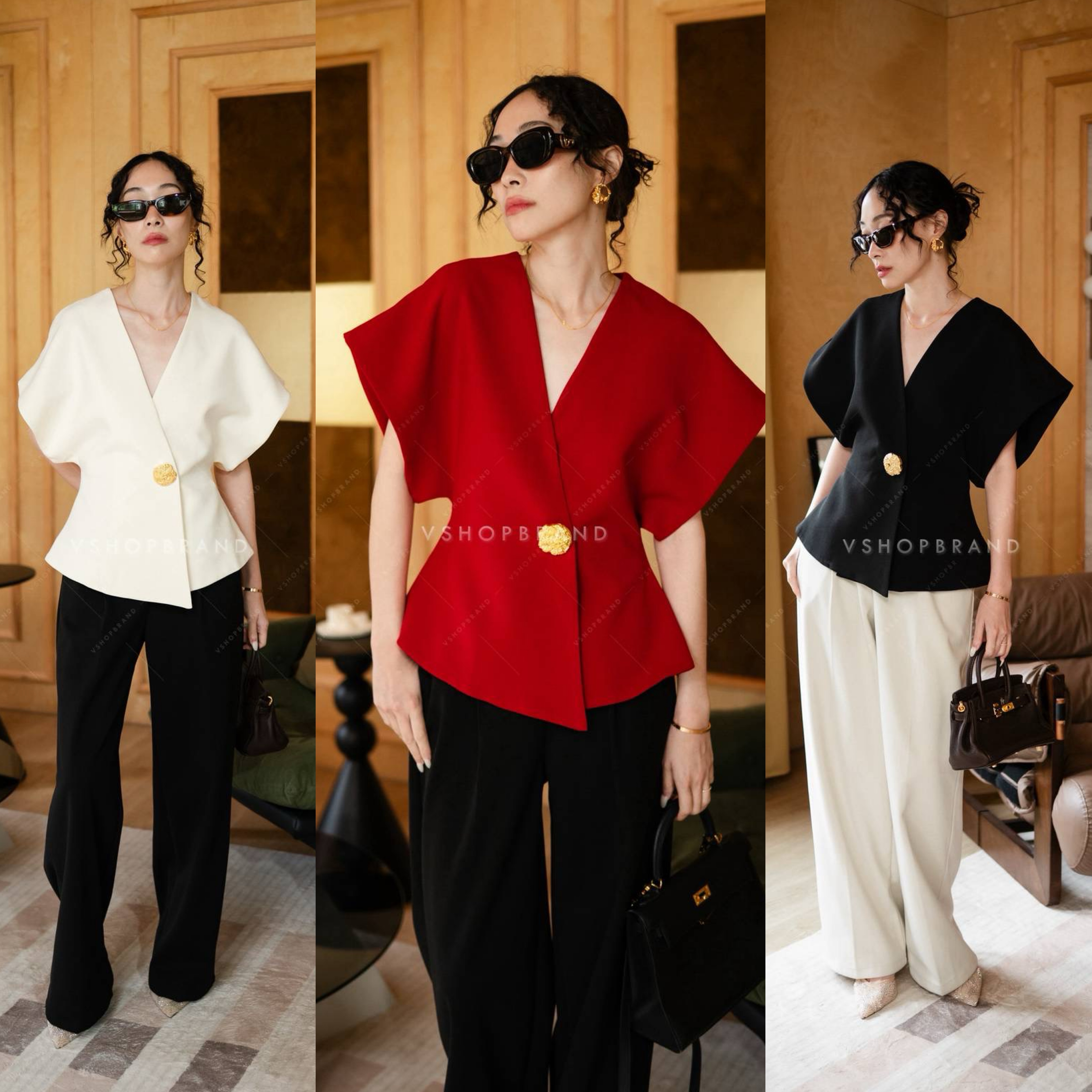 เสื้อแขนทรงแขนไหล่ล้ำกระดุมทอง ใส่สบาย : สินค้าคุณภาพ (พร้อมส่ง)