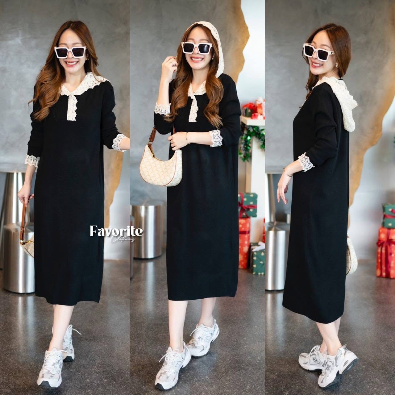 เดรสไหมพรมแต่งฮู้ดลูกไม้ ใส่สบาย : สินค้าคุณภาพ (พร้อมส่ง)