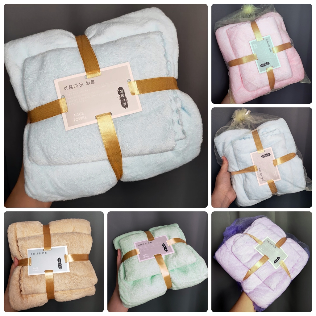 ผ้าขนหนูอาบน้ำ Set ผ้าเช็ดตัวใหญ่+ผ้าเช็ดผม แบรนด์เกาหลี เนื้อนุ่มสุดๆ เช็ดตัวเด็กทารกจนถึงผู้ใหญ่ บรรจุในถุงผ้าแก้ว