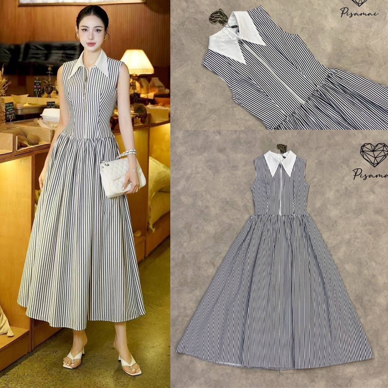 เดรสคอปกเชิ้ตตัวยาวลายทางสีดำ แต่งดีเท็ลสวยมากกกกก ตกแต่งด้วยอะไหล่ซิปหน้าสีเงิน ใส่สบาย : สินค้าคุณภาพ (พร้อมส่ง)