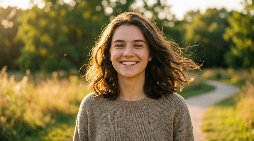 วัยรุ่นหญิงยิ้มอย่างมีความสุข ผมสวยสุขภาพดีปลิวตามลมท่ามกลางแสงแดดอ่อนๆ