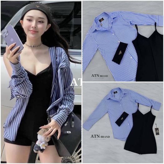 เช็ต จั้มสูทสายเดี่ยว หน้าอกเสริม ฟองน้ำ สายเดี่ยวปรับได้+เสื้อเชิ้ตแขนยาว+ผ้า คาดผมPrada ใส่สบาย สินค้าคุณภาพ (พร้อมส่ง)