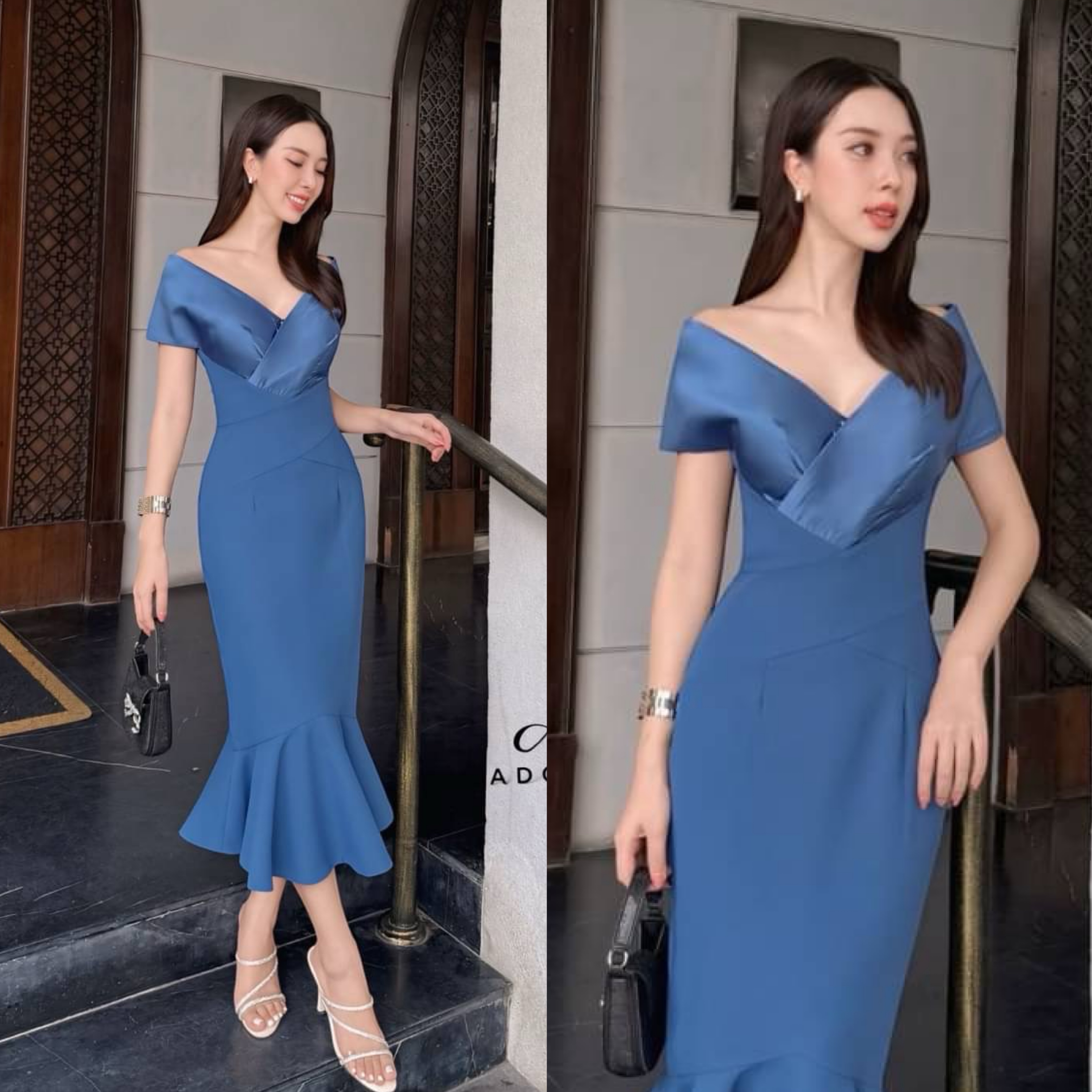 เดรสดีไซน์ปาดไหล่คอวี ช่วงอกตัดต่อผ้า เสริมฟองน้ำ ตัวเดรสใช้เนื้อผ้าเกรดพรีเมี่ยมทั้งตัว ดีไซน์กระโปรงทรงสอบแต่งระบายหางปลาปลายเดรส งานมีซับใน ซิปหลัง ใส่สบาย : สินค้าคุณภาพ (พร้อมส่ง)