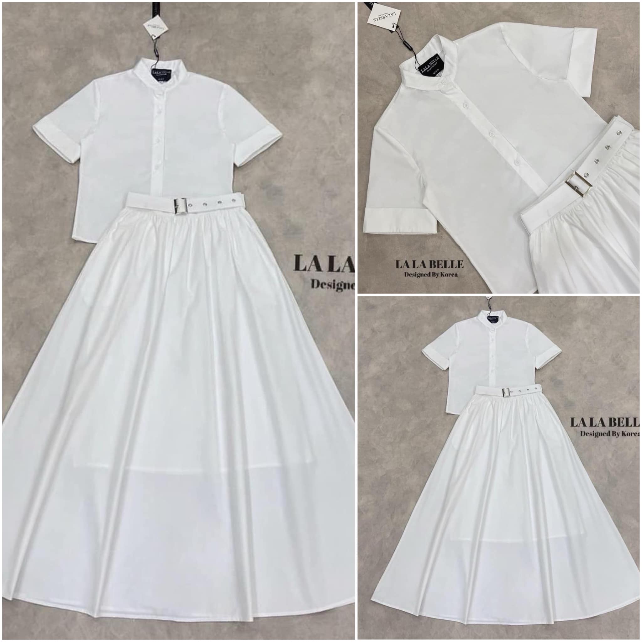 เซต3ชิ้น เสื้อเชิ้ตคอจีนสั้นสั้นปลายแขนพับกระดุมหน้า ใส่คู่กระโปรงยางเย็บจับรอบอย่างดีมีซับในอย่างดี ใส่คู่เข็มขีดเข้าชุดสวยหรูดูแพงสุดๆ ใส่สบาย สินค้าคุณภาพ (พร้อมส่ง)