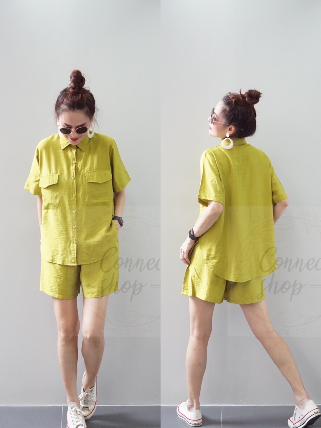 ชุดเซต 2 ชิ้น!!! เสื้อเชิ้ตแขนสั้น แต่งกระเป๋าหน้า ผ้าไหมอิตาลี่ เนื้อนิ่ม มาคู่กับกางขาสั้น เอวยางยืด งานเจาะกระเป๋าข้าง ใส่สบาย : สินค้าคุณภาพ (พร้อมส่ง)