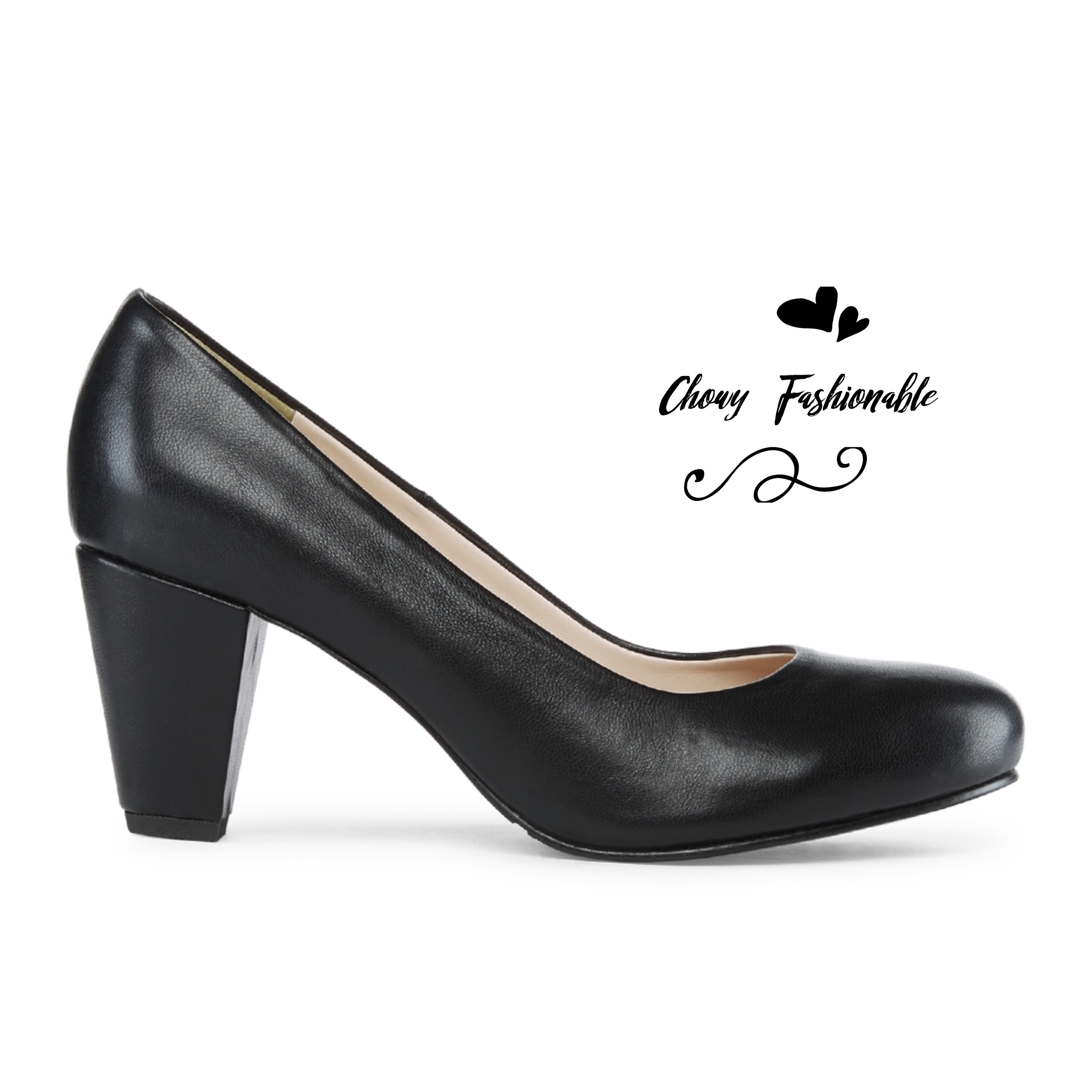 รองเท้าไซส์ใหญ่ 37-50 คัชชูส้นเตี้ย หัวกลม สูง 3 นิ้ว Minimal Classic Style Black สีดำ CHOWY CH0155BL