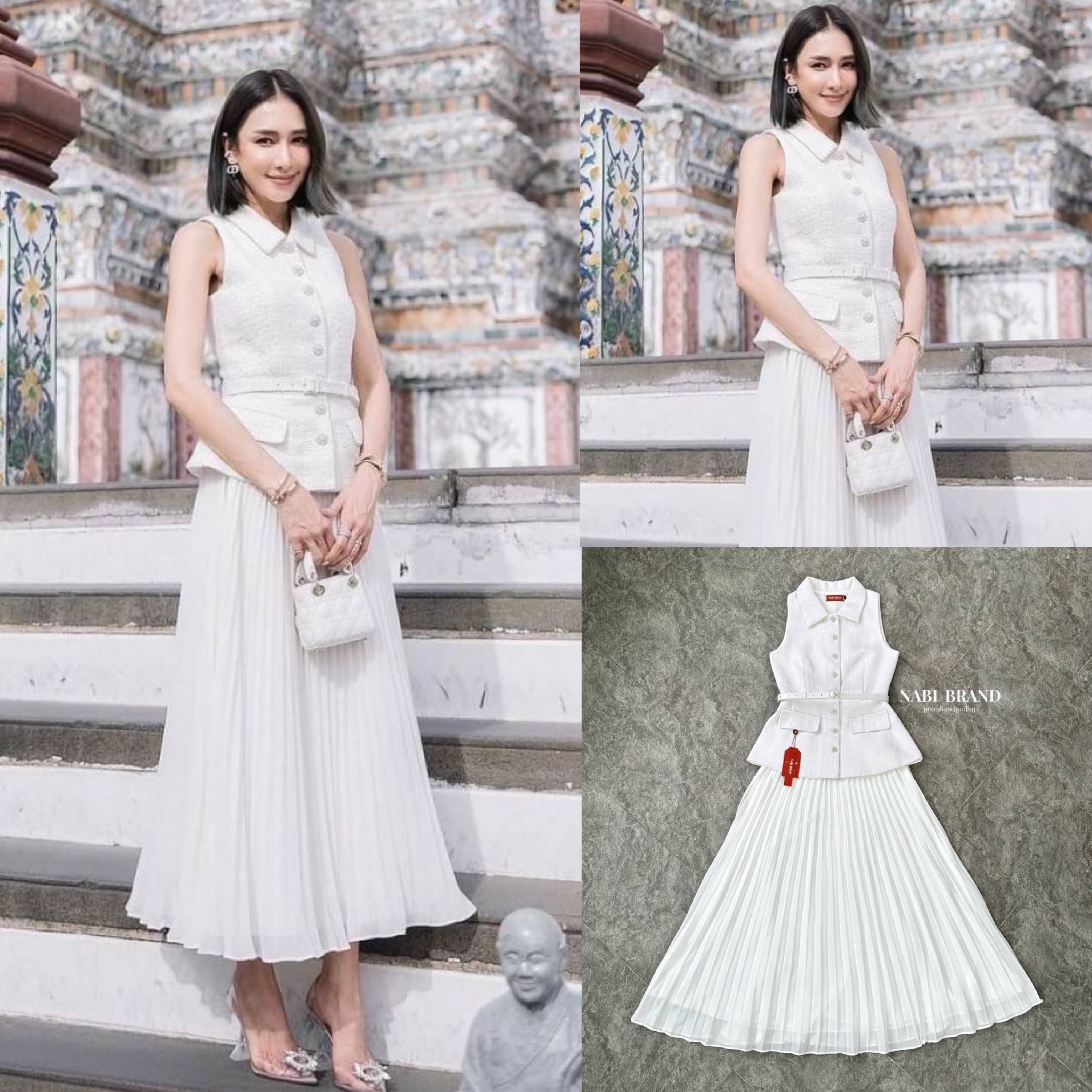 Set3ชิ้น เสื้อแขนกุดผ้าทวีต คอปก งานกระดุมหน้า มาคู่ กับ เข้มขัดและกระโปรงอัดพลีท สินค้าคุณภาพ (พร้อมส่ง)