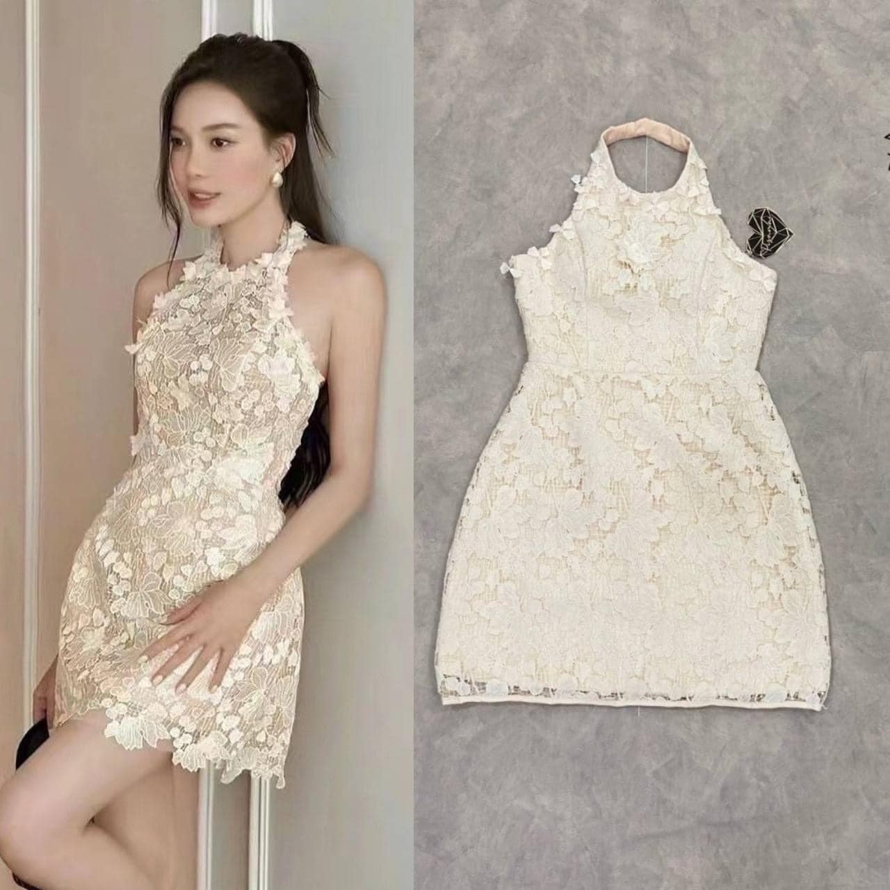 เดรสคล้องคอลูกไม้ฉลุสีครีม ตัวสั้นบุซับในอย่างดี ใส่สบาย สินค้าคุณภาพ (พร้อมส่ง)