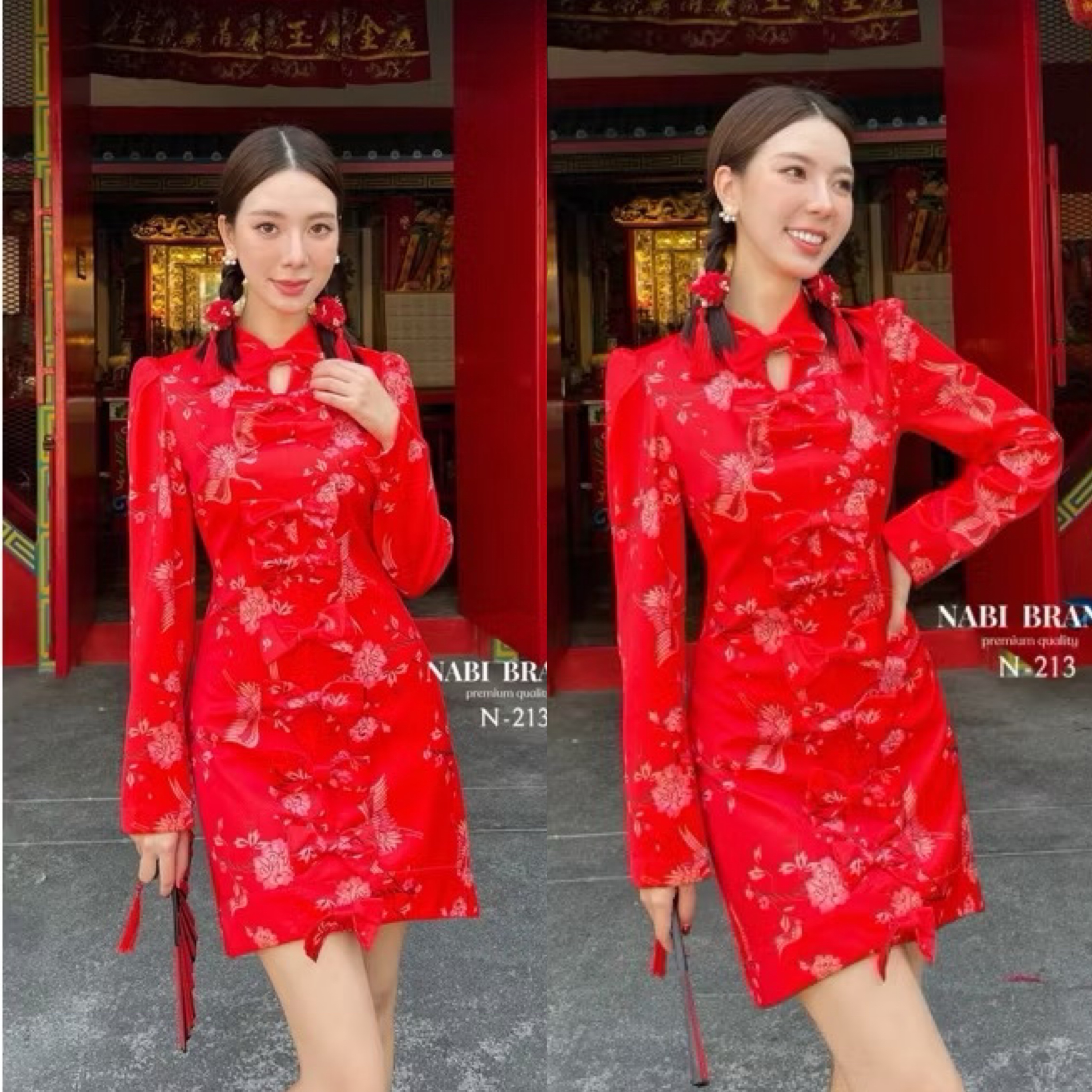 เดรสแขนยาวสีแดงสดพิมพ์ลายเข้ากับ เทศกาลตรุษจีนสุด แต่งโบว์ตรงกลางชุดแบบเก๋ๆ ใส่แล้วดูเก๋ ใส่สบาย : สินค้าคุณภาพ (พร้อมส่ง)