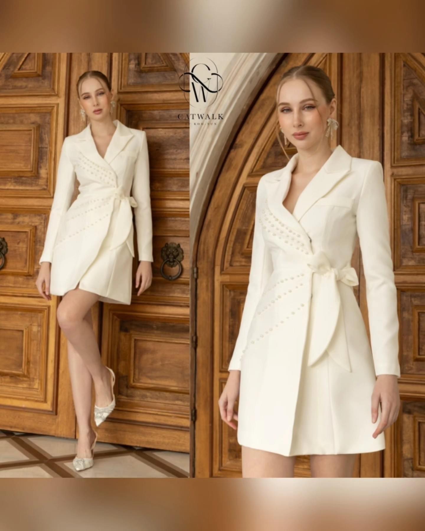 เดรสปกเทเล่อร์ ป้ายหน้าแต่งมุก เนื้อผ้าเกรดเอ เนื้อนุ่มใส่สบาย : สินค้าคุณภาพ (พร้อมส่ง)