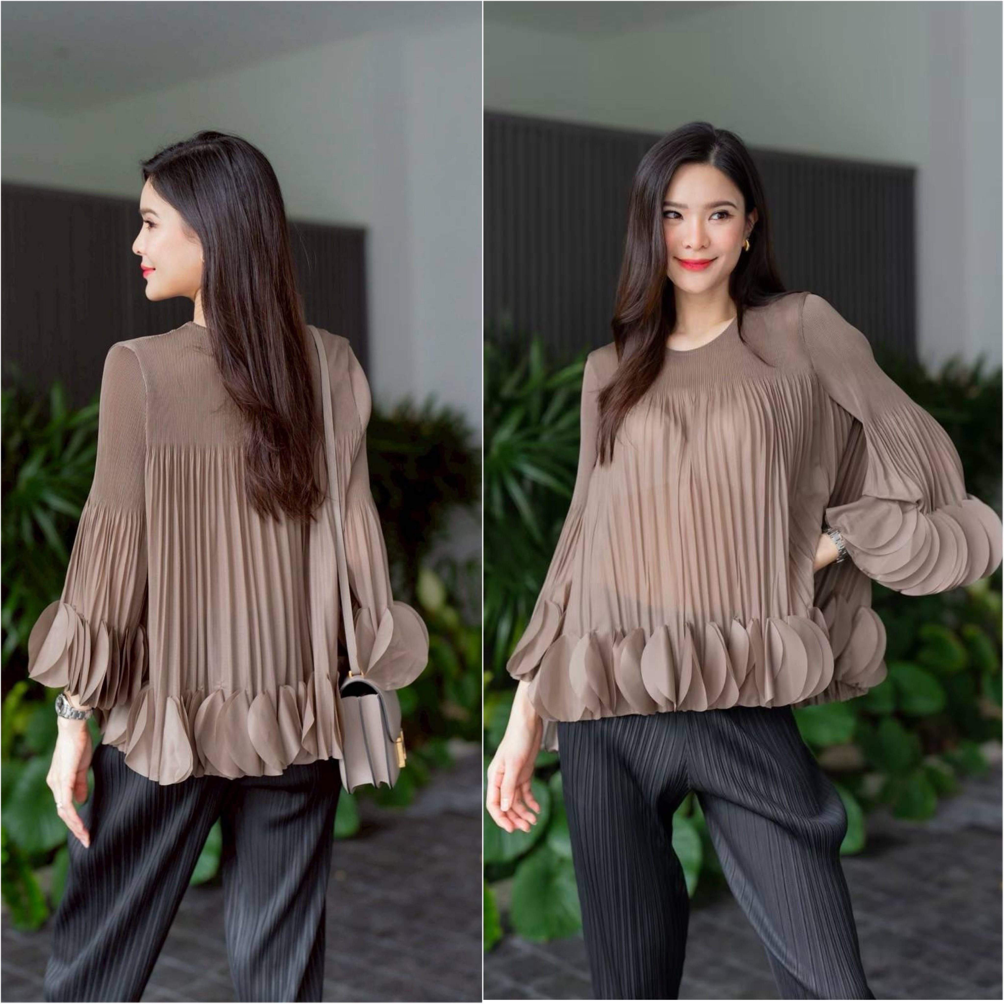 เสื้อคอกลม แขนยาว แบบมีการแต่งระบาย ด้วยการตัด เลเซอร์คัตวงกลมมาซ้อนเรียง ด้วยความประณีต ทำให้ขึ้นพุ่มทรงอย่าง สวยงาม ใส่สบาย : สินค้าคุณภาพ (พร้อมส่ง)