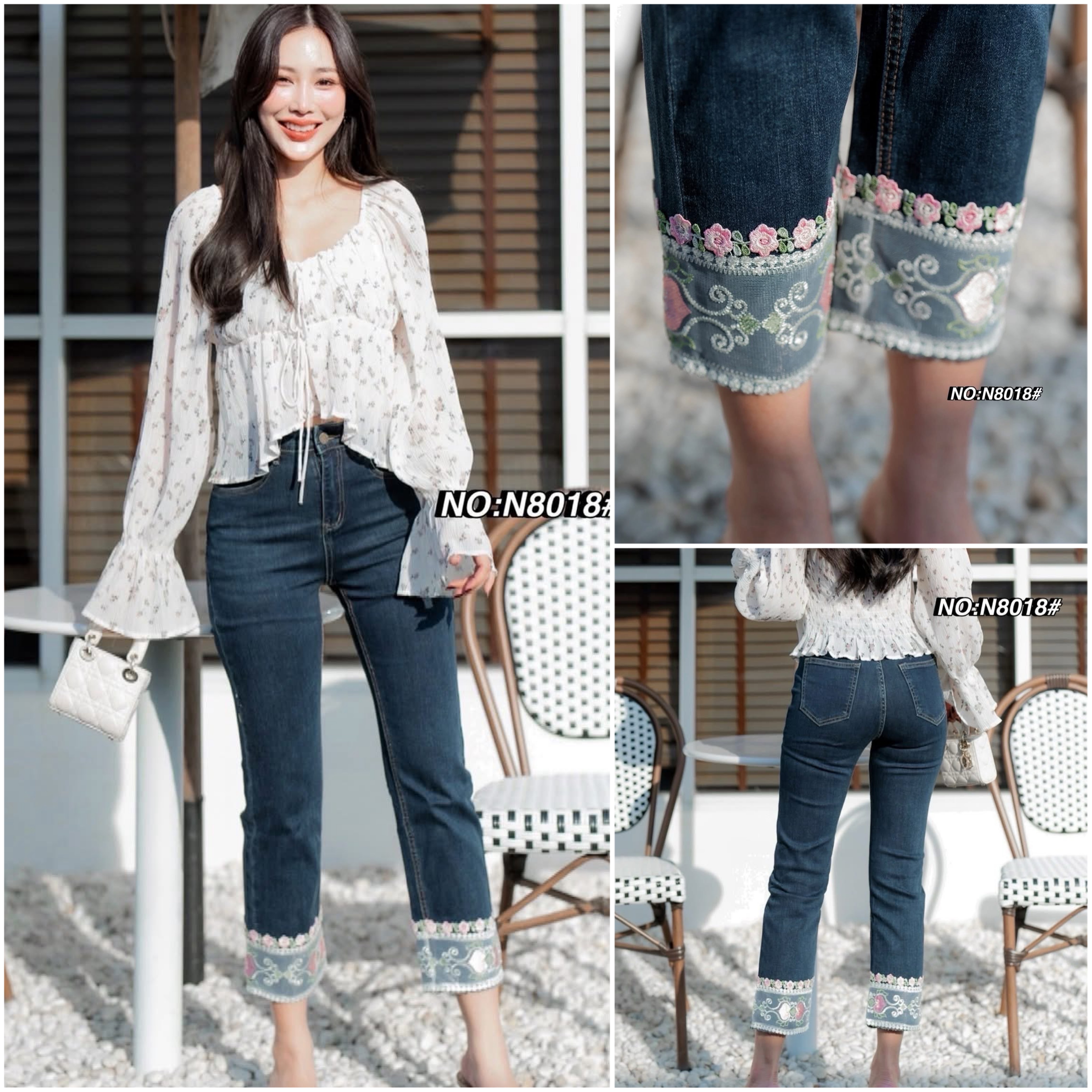 กางเกงยีนส์ทรง 8ส่วน ทรงกระบอกเล็ก ปลายขาตัดต่อผ้า two tone style !!! แต่งลูกไม้ ใส่น่ารักมากๆค่า สวยฮิตสุดๆ ฟอกสีเข้มสวยมาก ใส่ทรงสวย ใส่สบาย : สินค้าคุณภาพ (พร้อมส่ง)