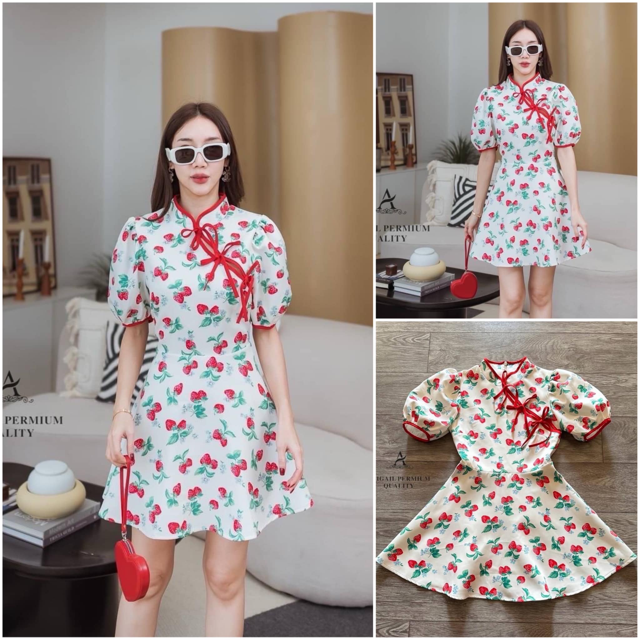 เดรสคอกุ๊นแขนตุ๊กตาตัวกระโปรงทรงบาน เนื้อผ้าพิมพ์ลาย(สตรอว์เบอรี่) ใส่สบาย สินค้าคุณภาพ (พร้อมส่ง)