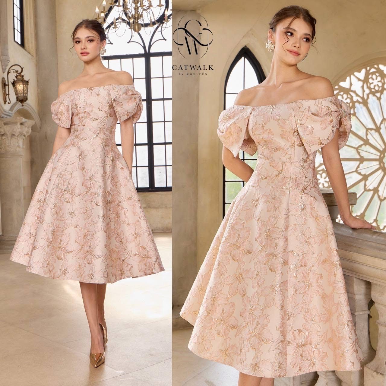 เซตผ้าทอลายเสื้อปาดไหล่โบว์ไหล่+กระโปรงทรงย้วย เนื้อผ้าเกรดเอ ผ้าสวยมาก ใส่สบาย : สินค้าคุณภาพ (พร้อมส่ง)