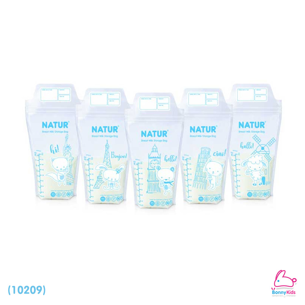 (10209) NATUR (เนเจอร์) Breastmilk Storage Bags ถุงเก็บน้ำนมแม่ 8 ออนซ์ รุ่น Cutie 5 ลายการ์ตูน แพ็ค 30 ชิ้น (ฟรี! 10 ถุง)