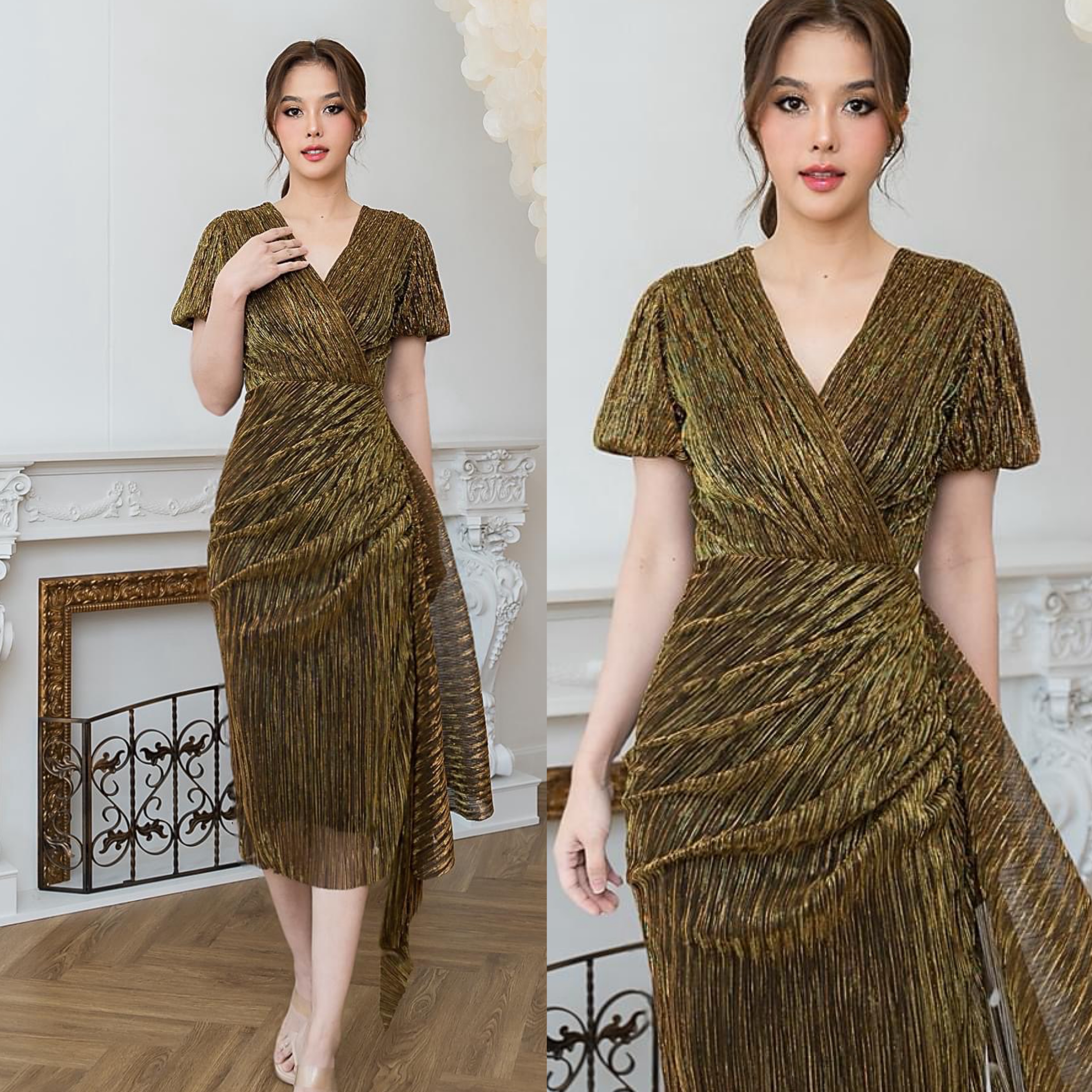 เดรสเสื้อคอป้าย แขนบอลลูน กระโปรงทรง สอบจับเดรป แต่งชายระบายยาว ใส่สบาย : สินค้าคุณภาพ (พร้อมส่ง)