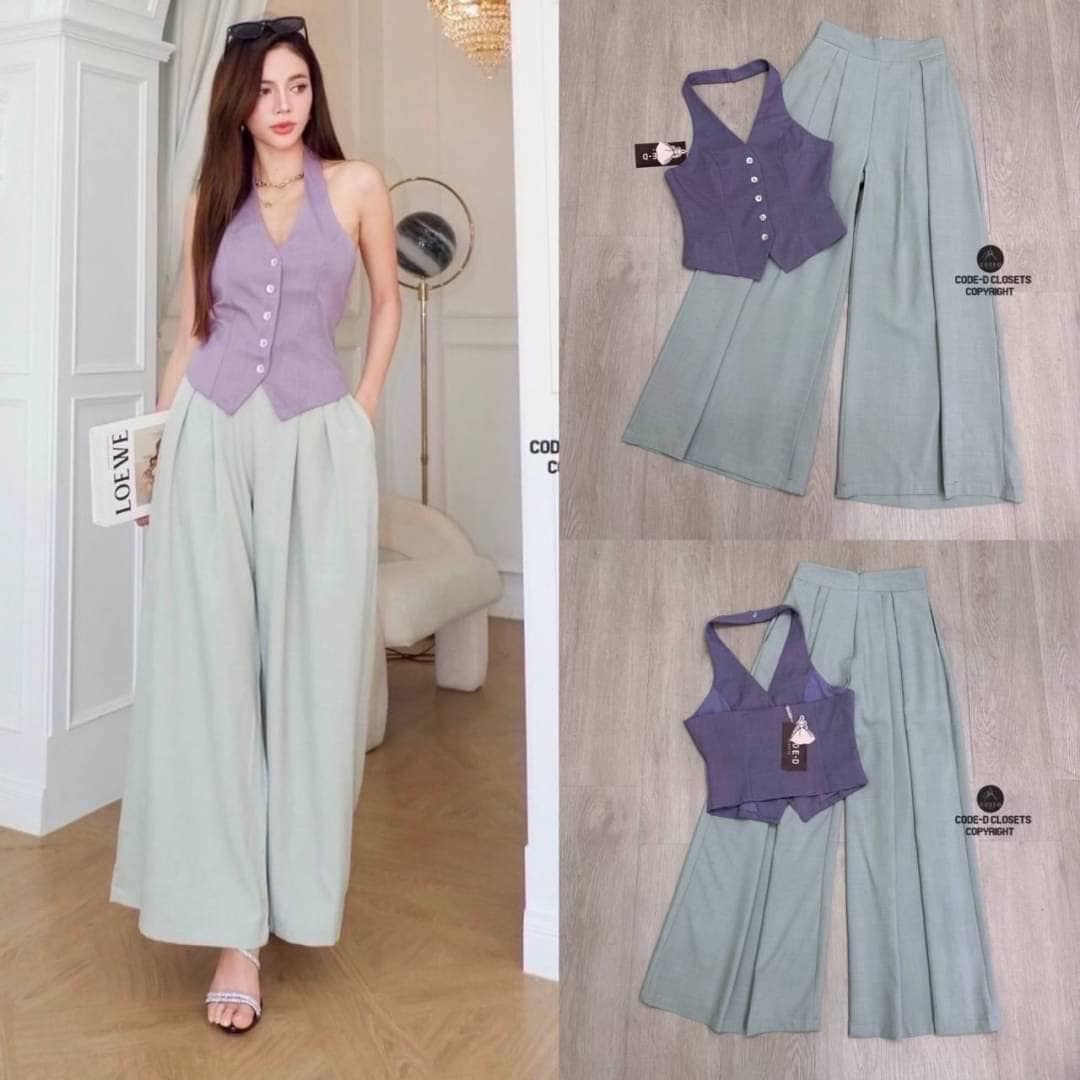 Set 2 ชิ้น ทูโทน เสื้อแขนกุด+ กางเกงขายาวไฮโซสุด ๆ เสื้อแขนกุดสีม่วงดีไซน์คล้องคอเว้าหลัง มาพร้อมกางเกงขายาวสีฟ้าอมเทา ทรงกระบอกย้วย สินค้าคุณภาพ (พร้อมส่ง)