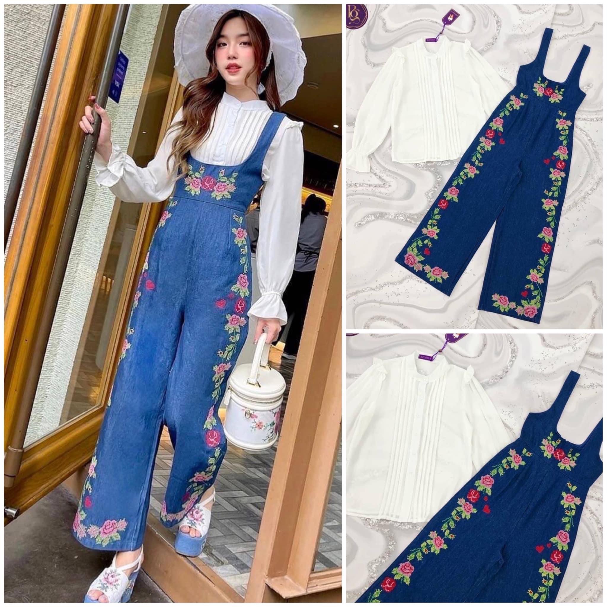 Set จั๊มสูทวินเทจ เซ็ต 2 ชิ้น เสื้อเชิ้ตขาว มาพร้อม จั๊มยีนส์วินเทจงานปักทั้งชุด ปักสวย ปักละเอียด งานสวยจ้า สินค้าคุณภาพ (พร้อมส่ง)