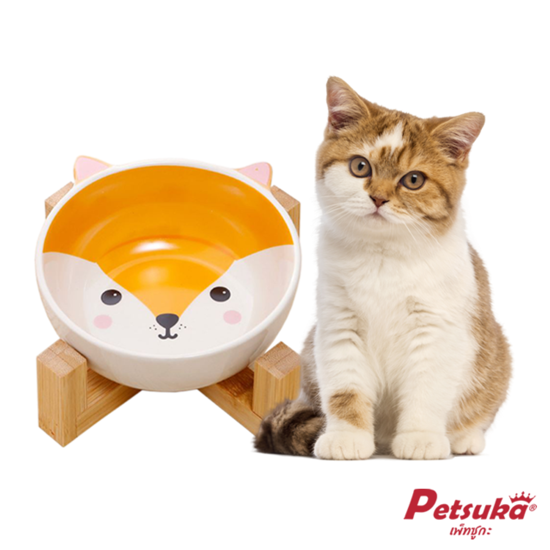 ชามเซรามิกสัตว์เลี้ยง Petsuka พร้อมฐานรองสไตล์ญี่ปุ่น สำหรับสุนัขและแมว รูปสุนัขจิ้งจอก