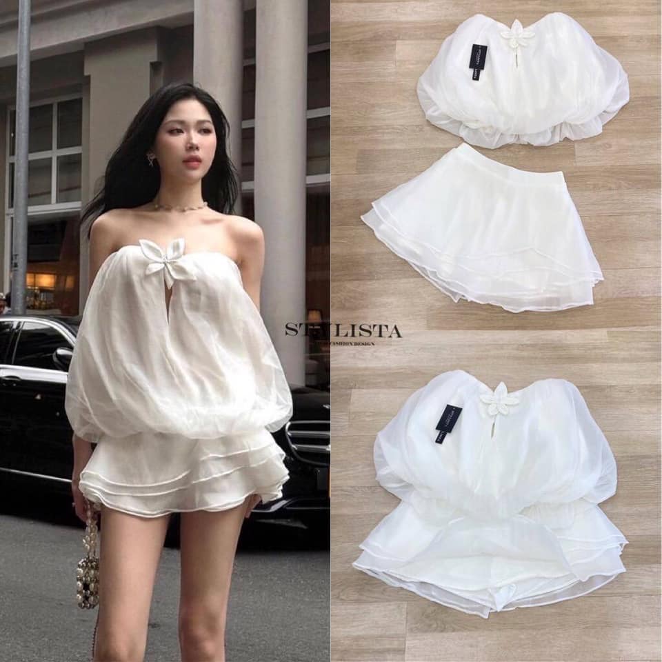 เซตเสื้อเกาะอก ทรงเสื้อพองๆ มาพร้อมกับกระโปรงชั้นๆ ซับในกางเกง ใส่สบาย : สินค้าคุณภาพ (พร้อมส่ง)