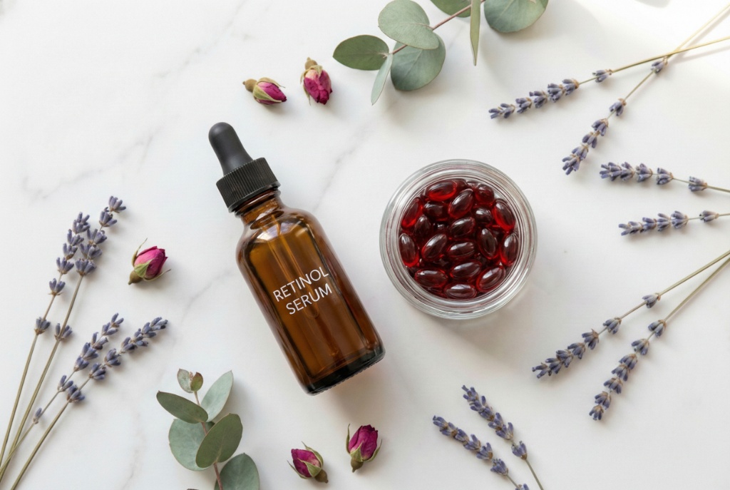 ขวดเซรั่ม Retinol และกระปุกอาหารเสริม Astaxanthin วางคู่กันเพื่อการดูแลผิวแบบ Inside-Out