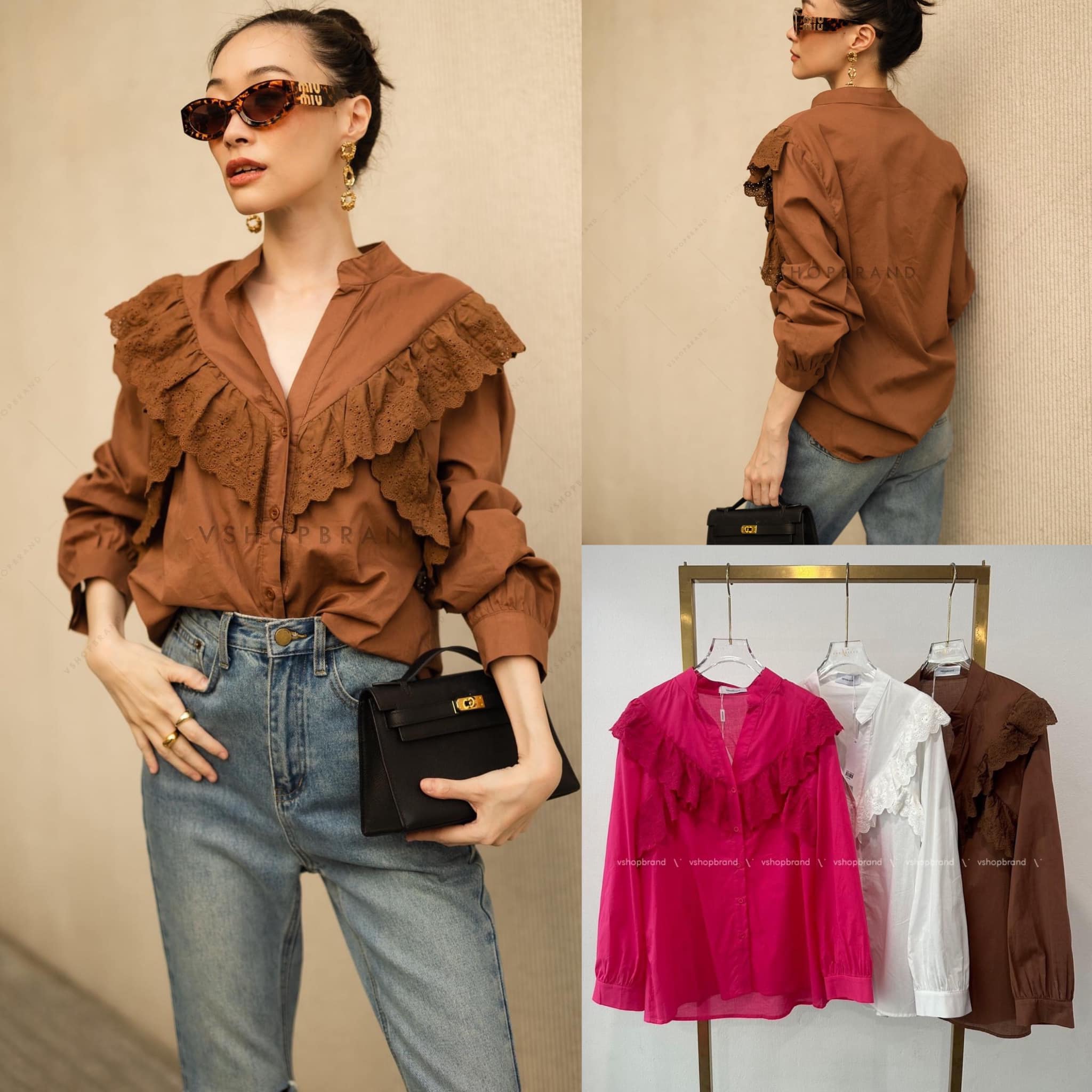 เชิ้ตคอจีน แต่งระบาย ลูกไม้หน้า : สินค้าคุณภาพ (พร้อมส่ง)