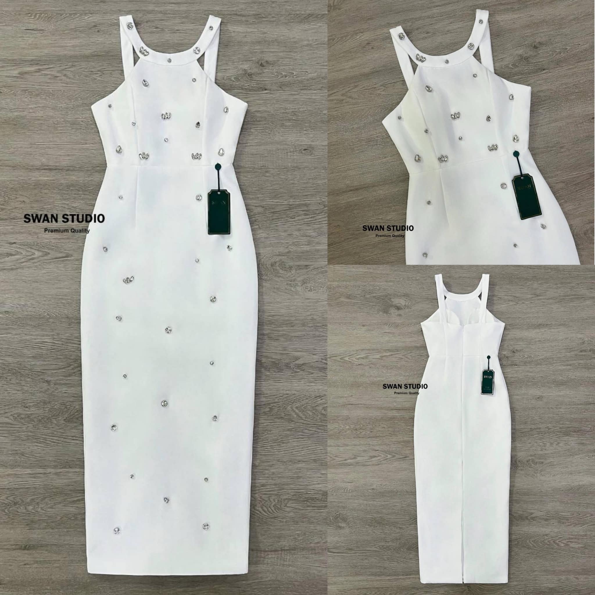 เดรสสีขาวยาว แต่งเพชรทั้งตัว งานละเอียดดีเทลเป็นเย็บมือ เนื้อผ้าอย่างดี มีเสริมฟองน้ำ เรียบๆแบบผู้ดี .ใส่สบาย สินค้าคุณภาพ (พร้อมส่ง)