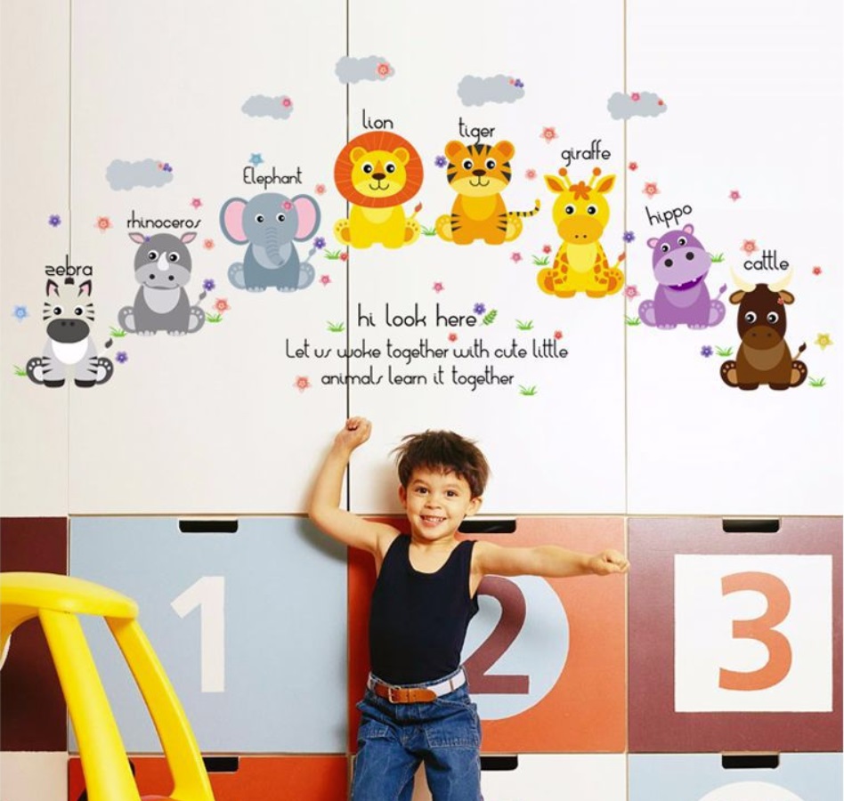 สติ๊กเกอร์แต่งห้อง DIY ลายเพื่อนสัตว์น้อยเรียนรู้ Together Learning Animals ลอกออกแล้วติดซ้ำได้