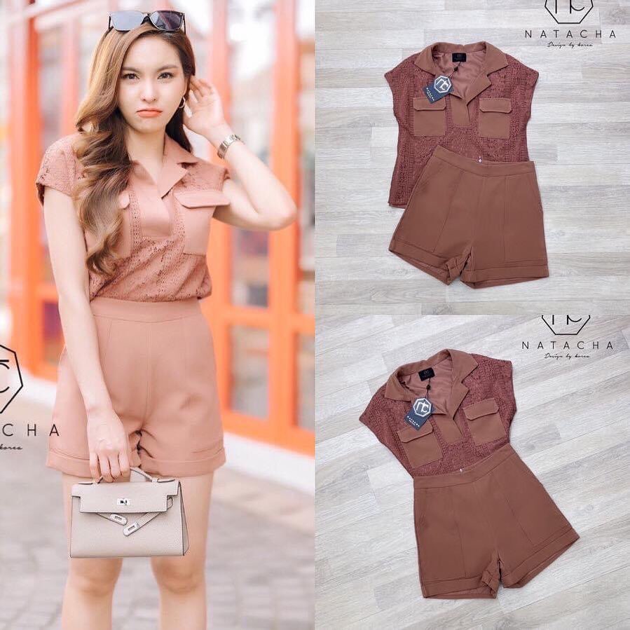 Set เสื้อเชิ๊ตคอปกผ้าลูกไม้มีซับในนะคะ แมตกางเกงขาสั้นมีกระเป๋า2 ข้าง ใส่สบาย สินค้าคุภาพ (พร้อมส่ง)