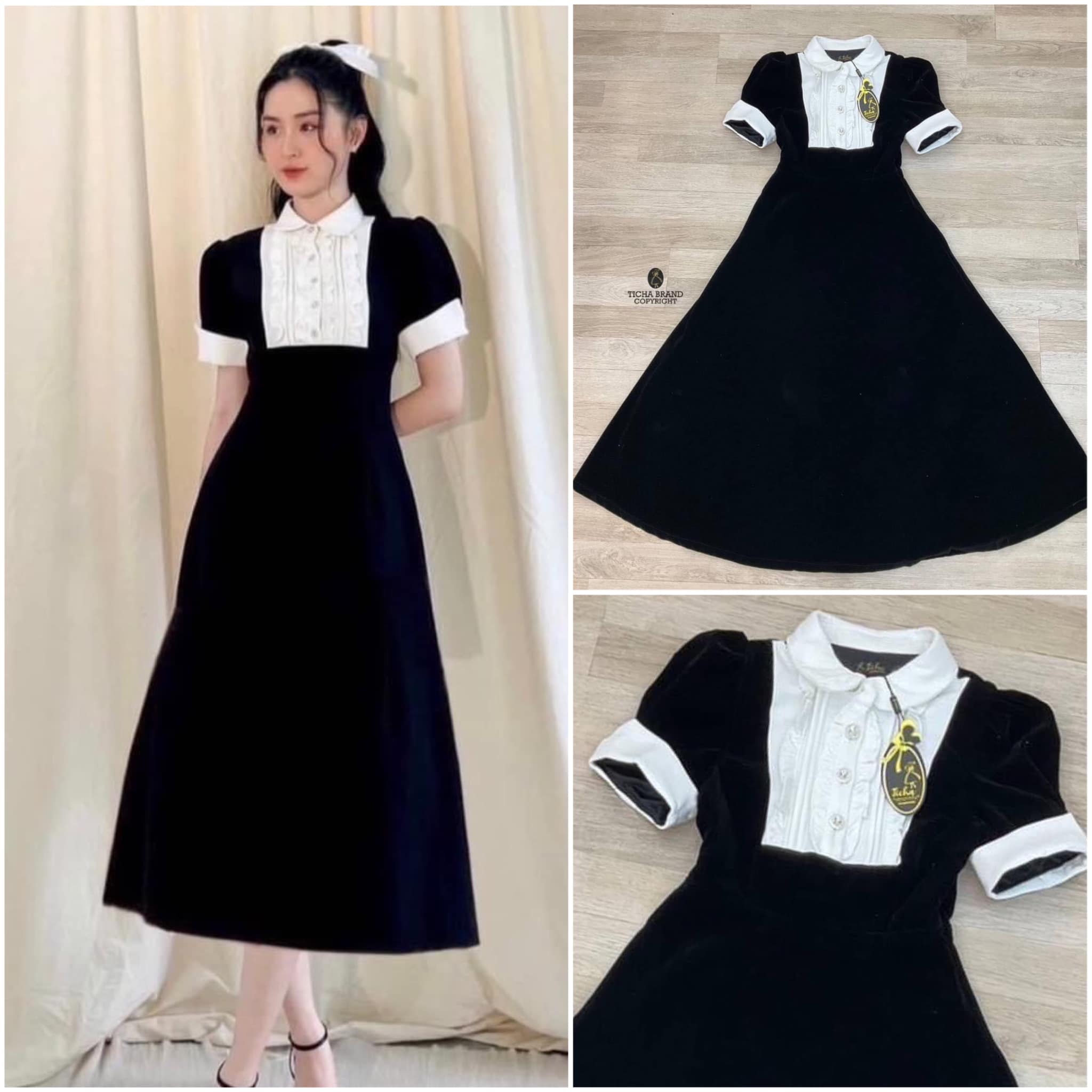 เดรสสีดำตัวยาวแขนสั้น ดีไซน์คอบัวสีขาว แต่งผ้าสีขาวยาวมาถึง ช่วงอกและแต่งระบายเล็กๆกับกระดุมมุก ใช้งานได้จริง สินค้าคุณภาพ (พร้อมส่ง)