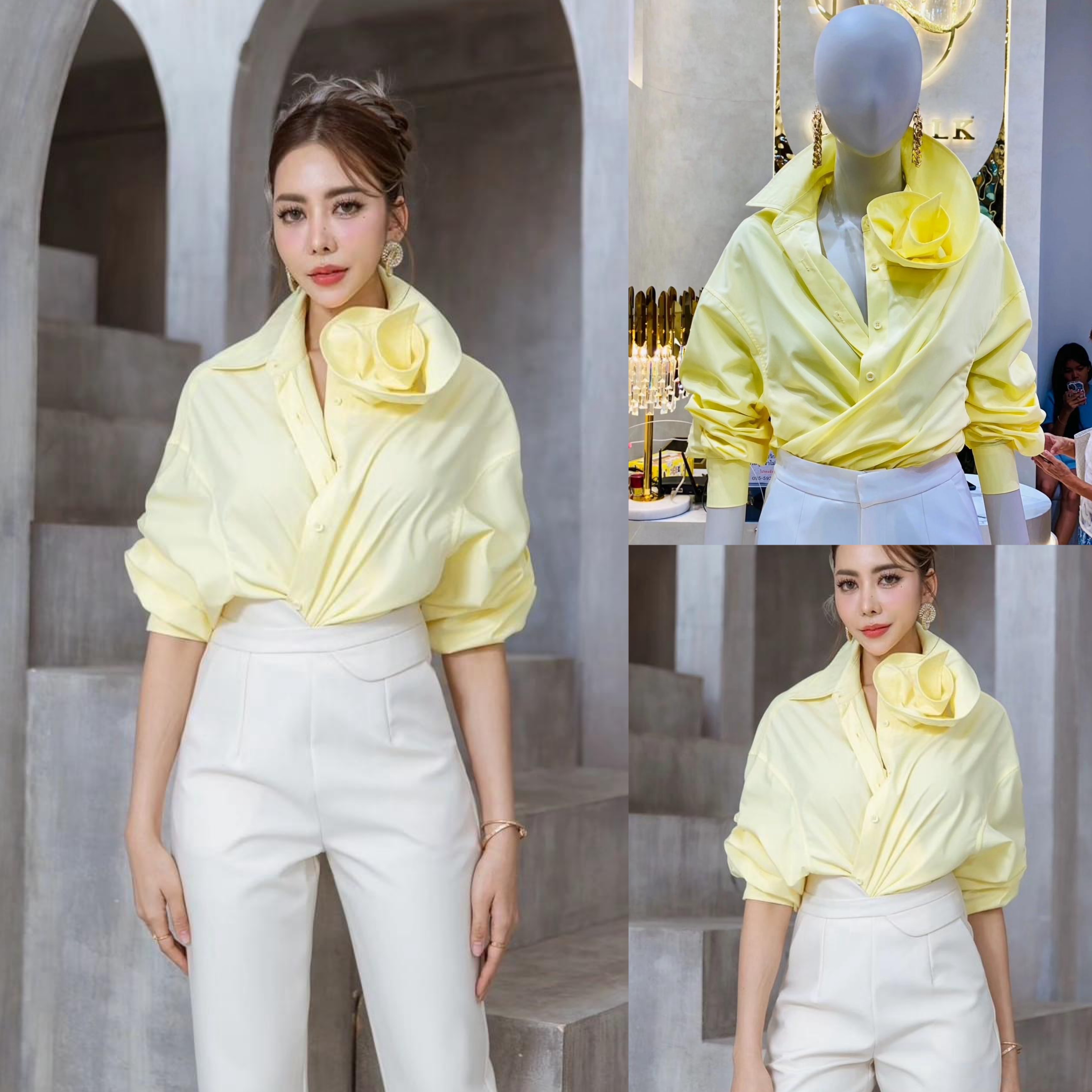 เสื้อเชิ้ตปกคอดอกไม้ ตัวเสื้อเป็นทรงปล่อยๆเท่ห์ๆ คอปกดีไซน์ให้เป็นดอกกุหลาบ ตะเข็บด้านในตัวเสื้อเย็บเก็บขอบอย่างละเอียด เนื้อผ้าเกรดเอ ใส่สบาย : สินค้าคุณภาพ (พร้อมส่ง)