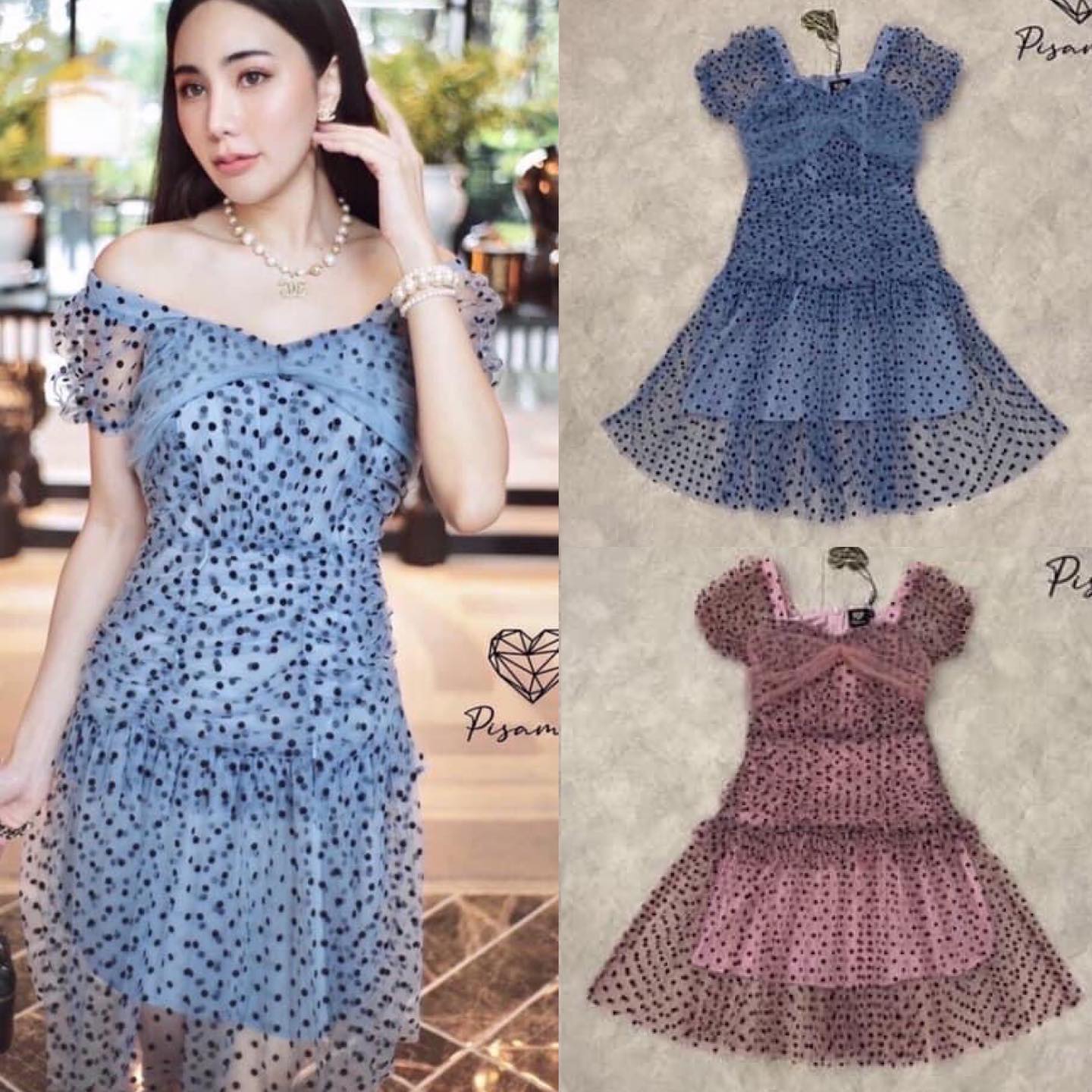 เดรสแขนตุ๊กตาซีทรูตัวสั้นแต่ง ลายจุดสีดำ สินค้าคุณภาพ (พร้อมส่ง)