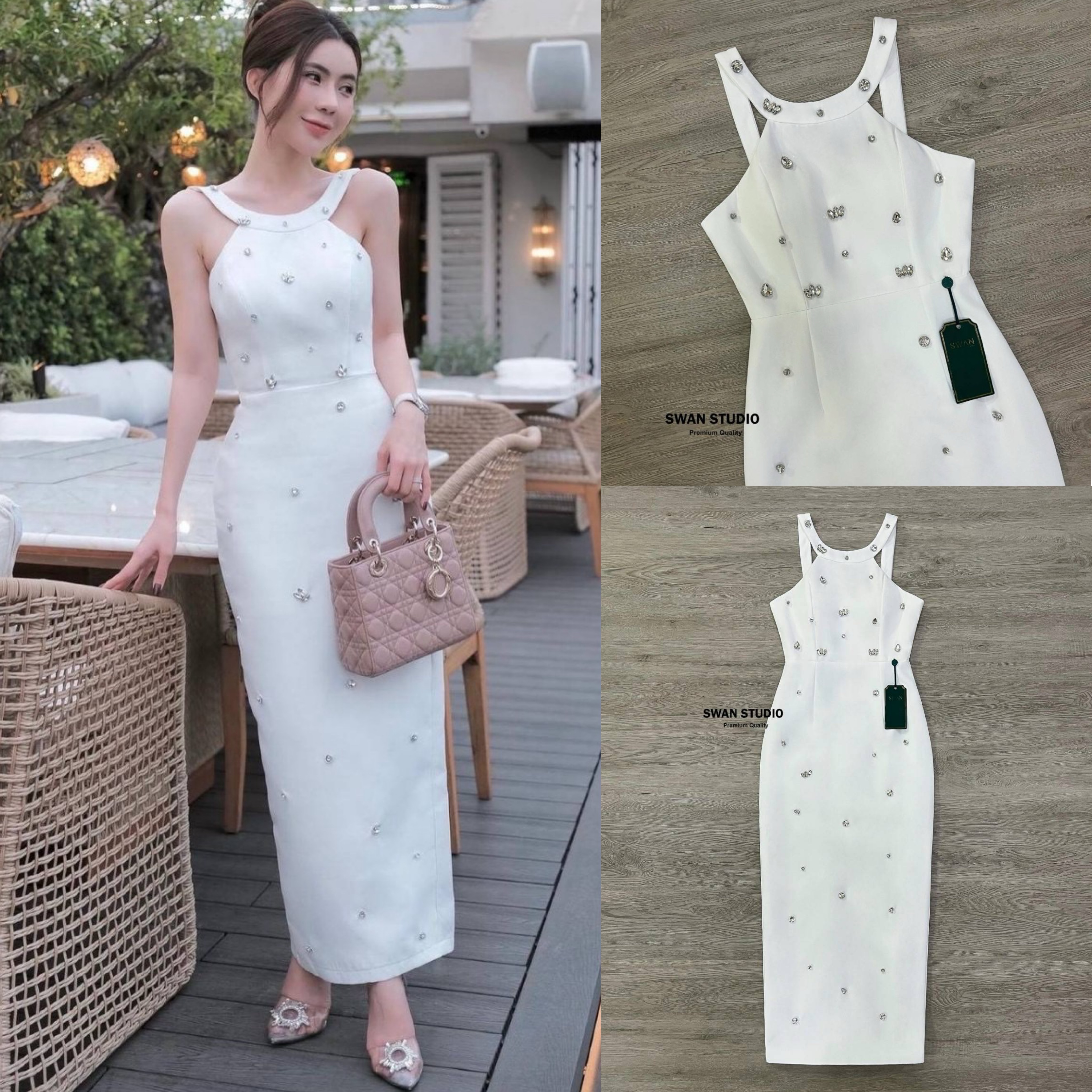 เดรสสีขาวยาว แต่งเพชรทั้งตัว งานละเอียดดีเทลเป็นเย็บมือ เนื้อผ้าอย่างดี มีเสริมฟองน้ำ เรียบๆแบบผู้ดี .ใส่สบาย สินค้าคุณภาพ (พร้อมส่ง)