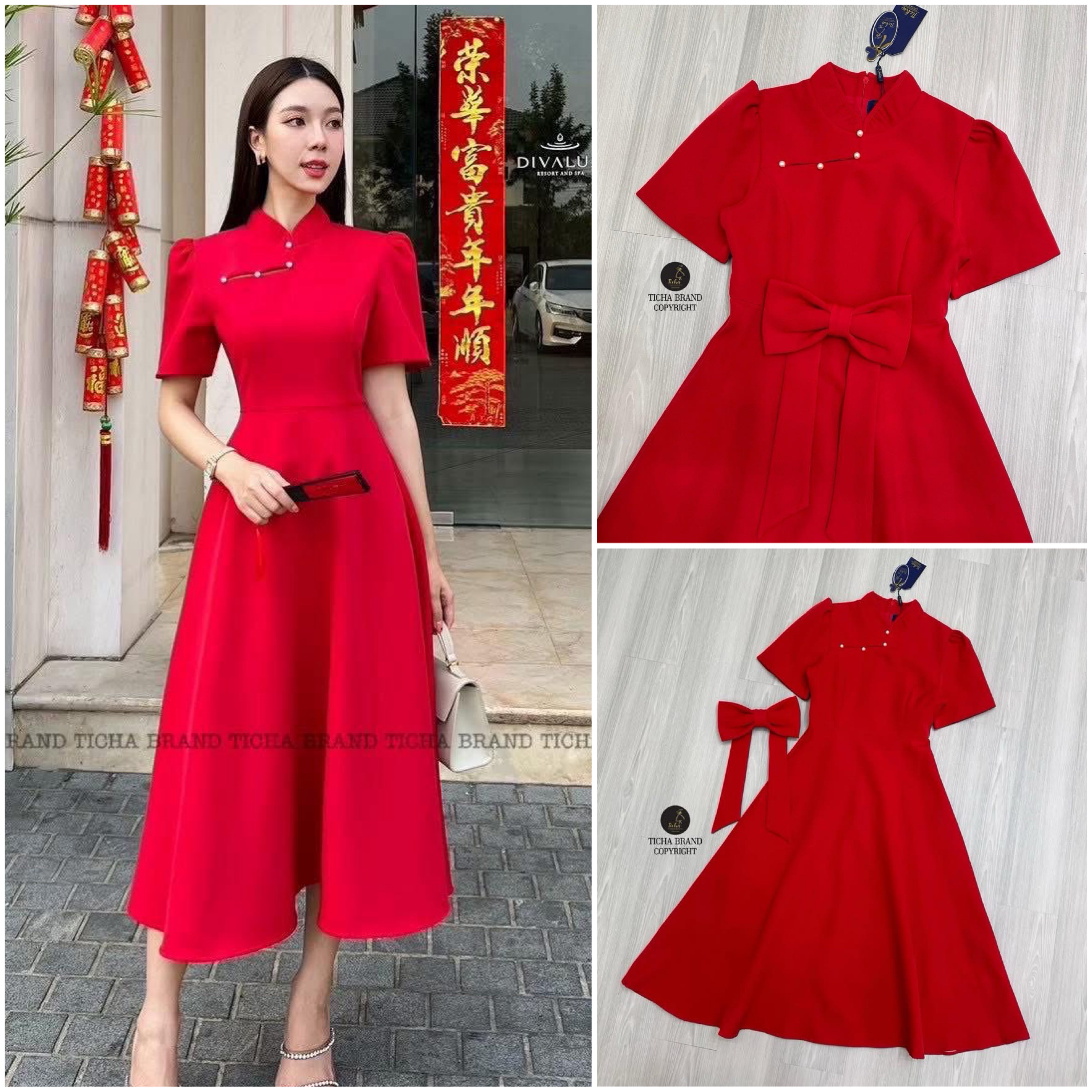เดรสยาวแขนสั้นสีแดงดีไซน์คอจีนโค้งเว้ากี่เพ้า เย็บติดมุก มีเข็มกลัดโบว์ใหญ่ใ ใส่สบาย : สินค้าคุณภาพ (พร้อมส่ง)