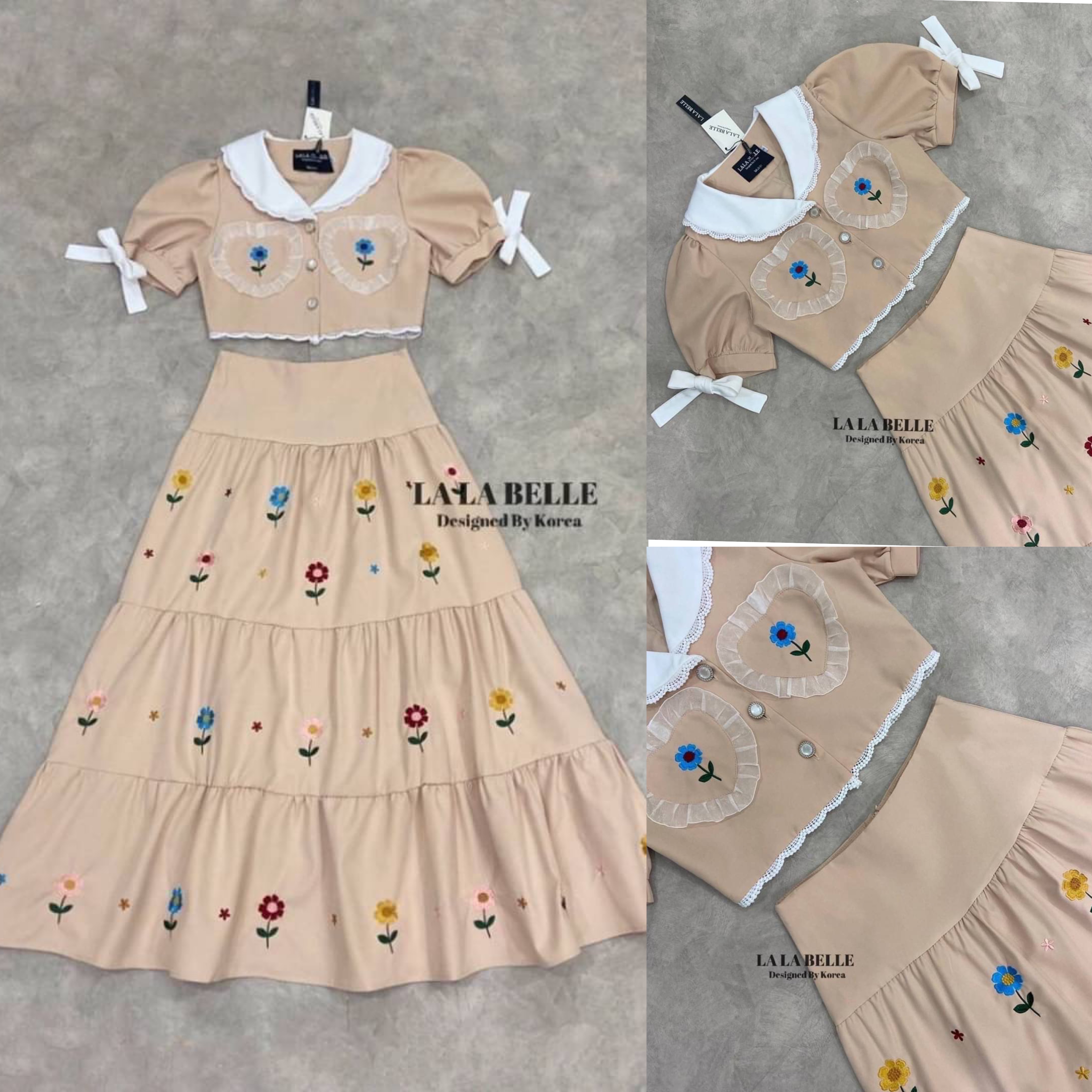 เซต2ชิ้น เสื้อคอปกกระดุมหน้าแขนตุ๊กตาปลายแขนแต่งโบว์ +กระโปรงเอวสูงยาวจับจีบ3ชั้น ปักดอกไม้สลับสีทั้งกระโปรงผ้าดีมากมีซับในอัดกาวอย่างดี สินค้าคุณภาพ (พร้อมส่ง)