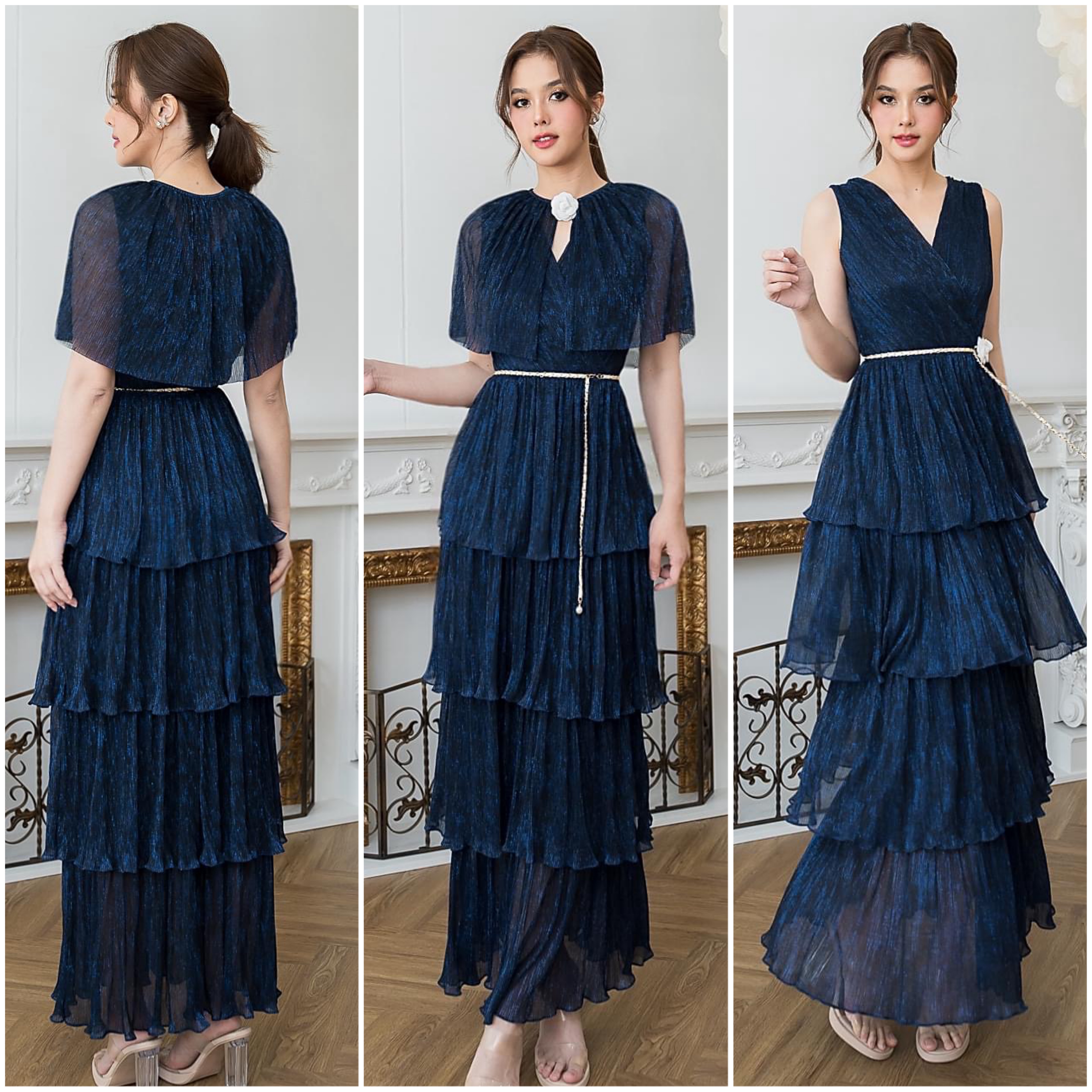 แม็กซี่เดรสคอวีป้ายแขนกุด มาพร้อม เสื้อคลุมติดกระดุมเปิดได้ กระโปรงบานจีบรูด ระบาย4ชั้น มาพร้อมโบว์สำหรับผูกเอว ทำจาก ผ้าราเม่ผสมดิ้นเมทัลลิค เนื้อนุ่มยืดหยุ่น มีซิป ซ่อนและซับในเต็มตัว ใส่สบาย : สินค้าคุณภาพ (พร้อมส่ง)