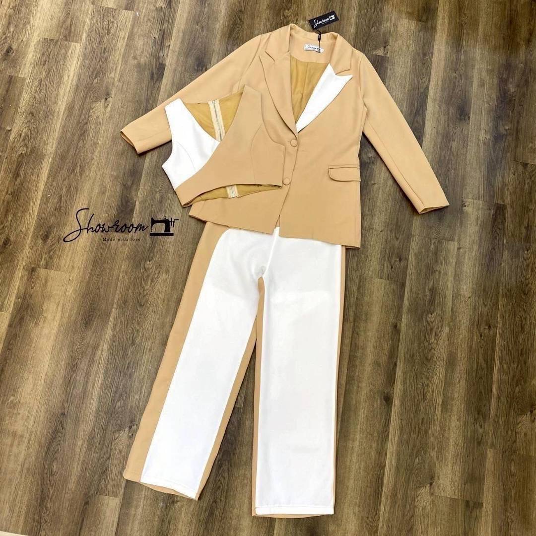 เซ็ต 3ชิ้น เบรเซอร์แขนยาวทรงสวย ครอปแขนกุดดีไซน์เก๋เล่นสีทูโทน และกางเกงขายาวเข้าเช็ต ใส่สบาย : สินค้าคุณภาพ (พร้อมส่ง)