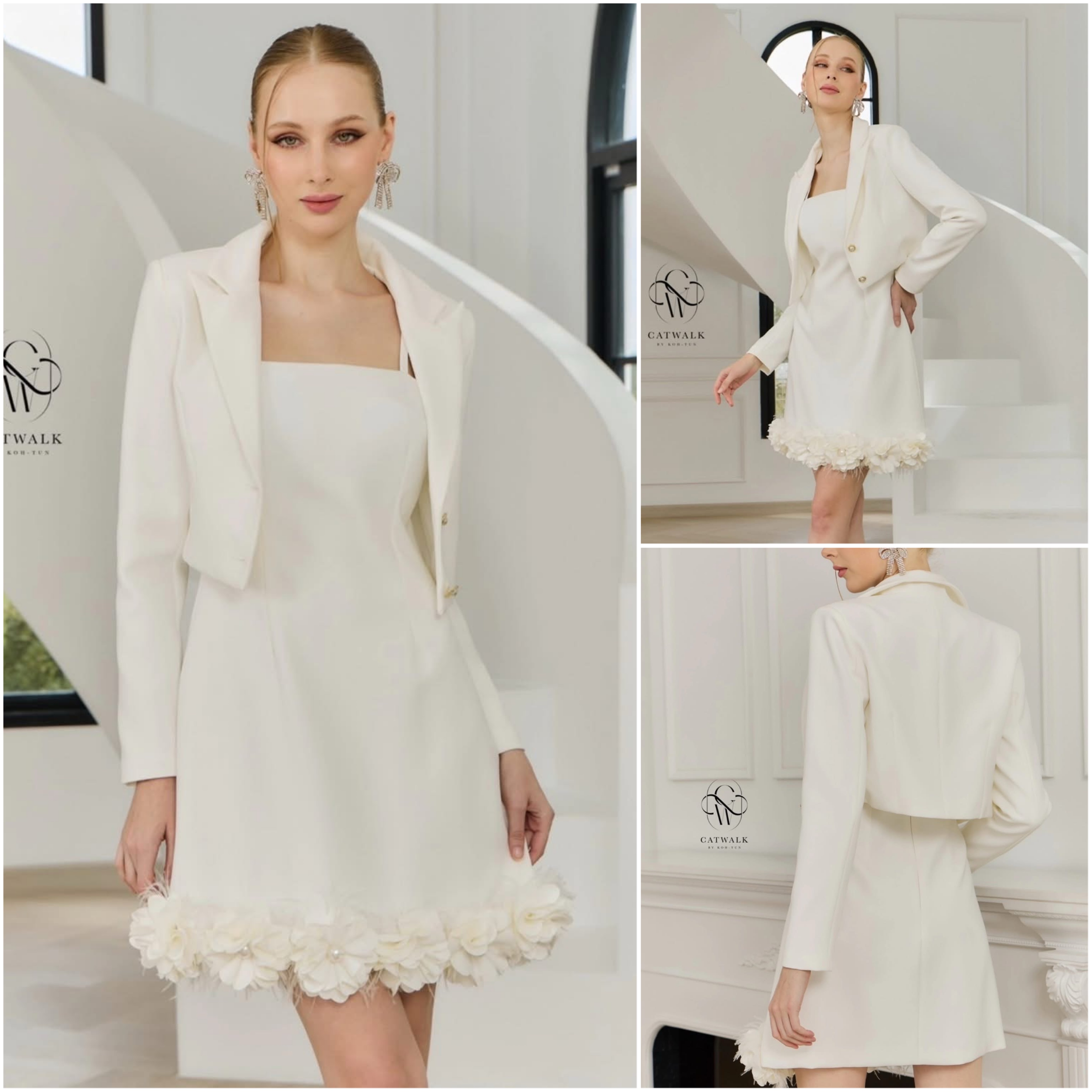 เซตเสื้อครอปสูท+เดรสสายเดี่ยวแต่งดอกไม้แซมด่วยขนนก เนื้อผ้าเกรดเอ ใส่สบาย : สินค้าคุณภาพ (พร้อมส่ง)