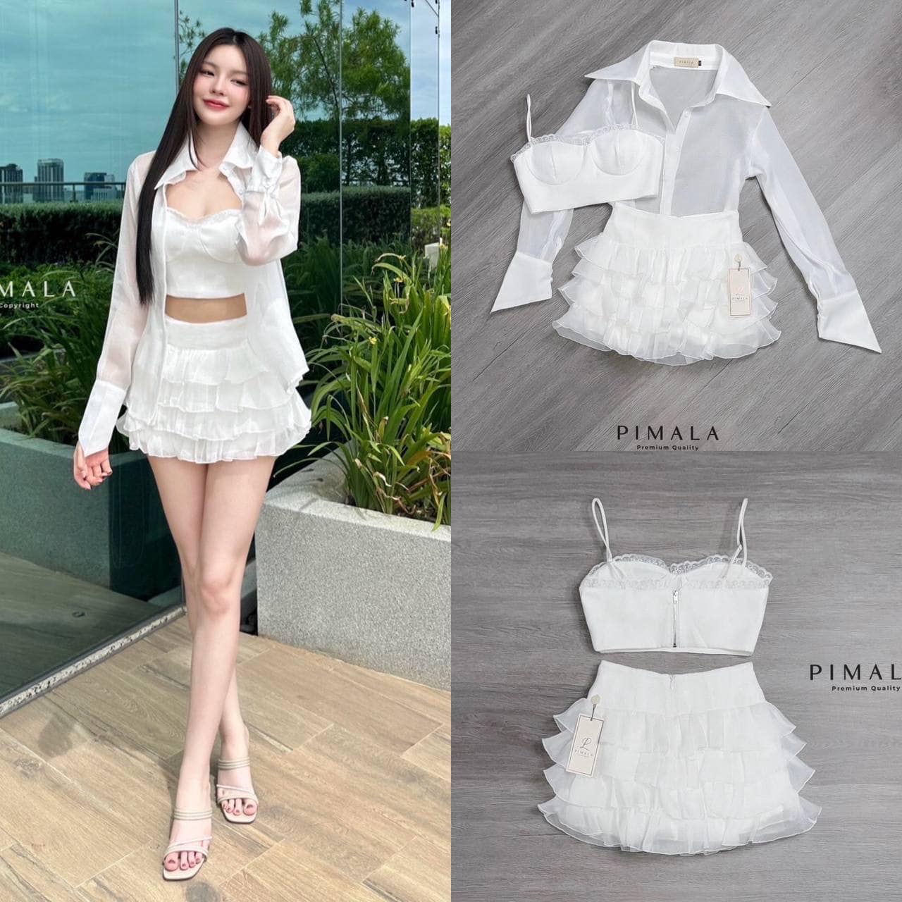 SET3ชิ้น เสื้อครอปสายเดี่ยวขอบลูกไม้ซีทรูน่ารักมากๆ มีซับใน+กระโปรงฟูฟ่อง ชั้นน่ารักเข้าไปอีกด้านในเป็นกางเกงน้า ซิปหลัง มีซับในสวยอย่างดี +เชิ้ตแขนยาวซีทรูผ้าใส่สบายมากก ใส่สบาย : สินค้าคุณภาพ (พร้อมส่ง)